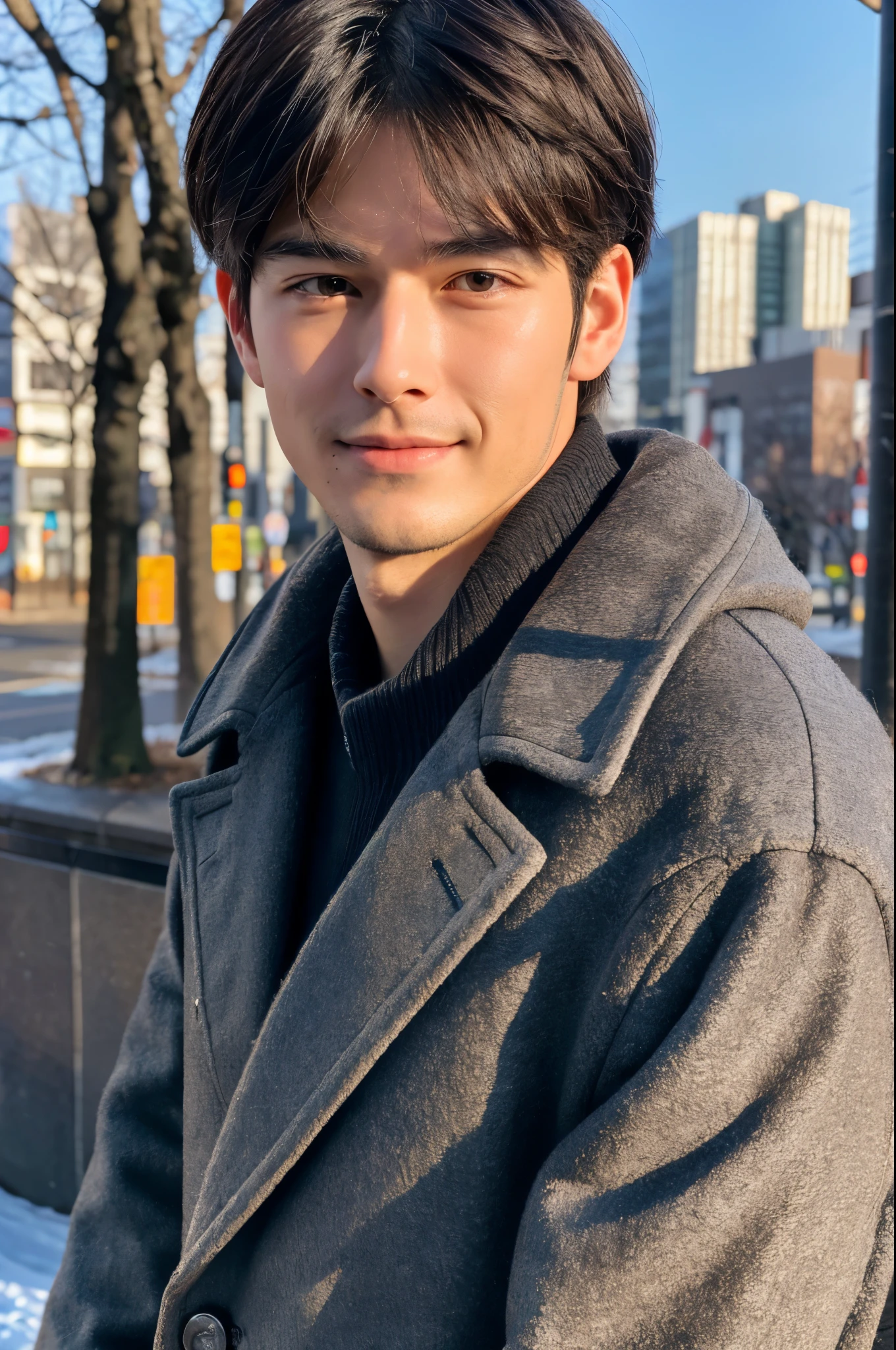 Photorealsitic, 8K full body portrait, a handsome, 20-year-old man, A charming expression, detailed face details, TOKYOcty, Winters, Shibuya in the background