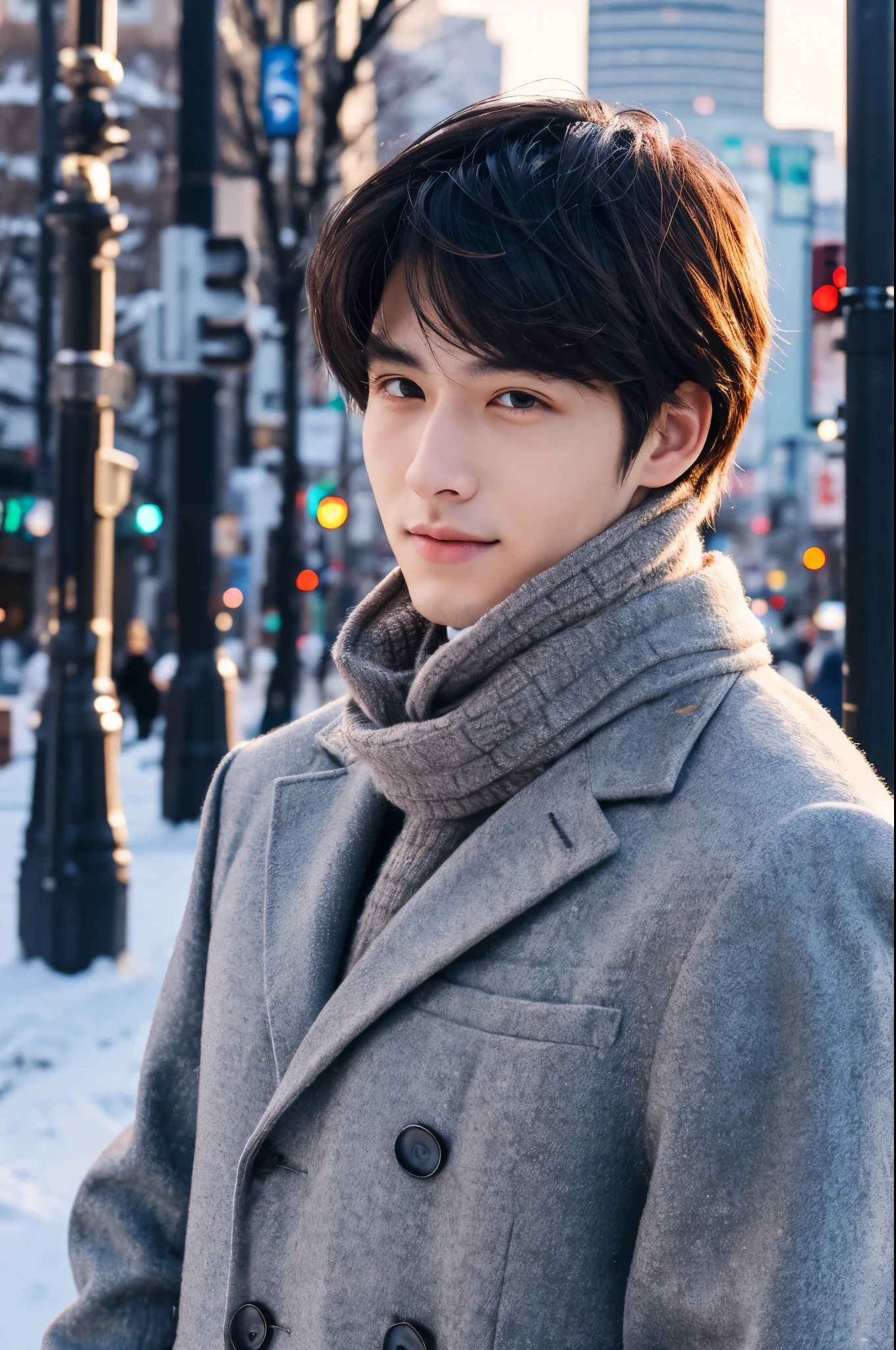 Photorealsitic, 8K full body portrait, a handsome, 20-year-old man, A charming expression, detailed face details, TOKYOcty, Winters, Shibuya in the background