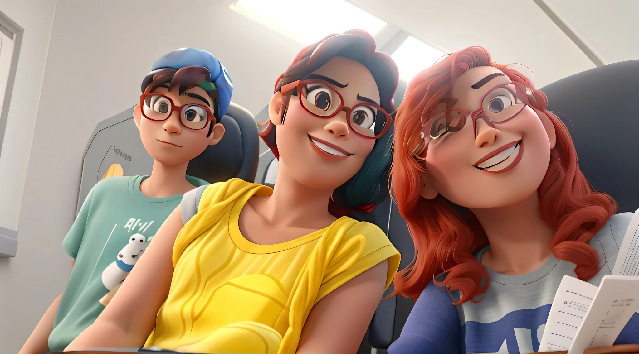 Oriental mother with glasses, mixed-race son with glasses and cap and red-haired mixed-race daughter without glasses Disney Pixar style, alta qualidade, melhor qualidade