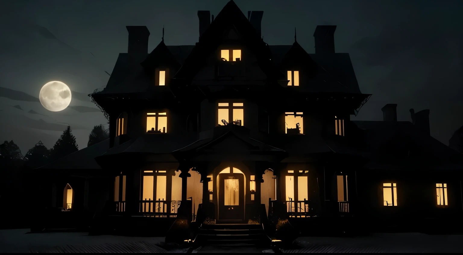 arafed house with a full moon in the background, spooky netflix still shot, spooky mansion, in this ominous scene, lights are on in the windows, cinematic lighting at night, set at night, location of a dark old house, cinematic full shot, full scene shot, art house film aesthetic, the windows are lit, gloomy cinematic lighting, gothic mansion