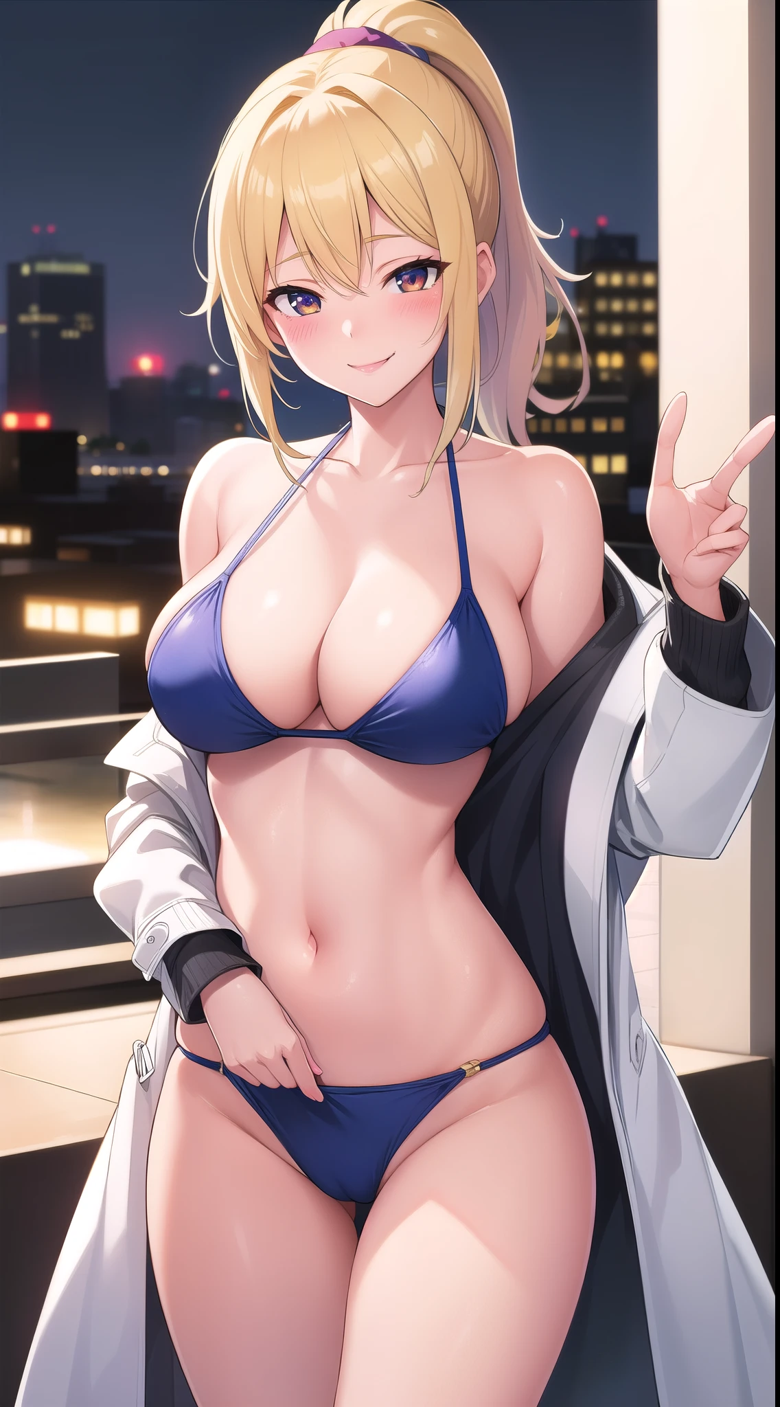 (best quality:1.5, highres, UHD, 4K, detailed lighting, shaders, perfect hand anatomy), blonde ponytail, beautiful, hot, gorgeous, sexy, erotic, lewd, seductive, ecchi, busty, thighs, crotch, open coat, bikini, smiling, night, hotel background, slutty, horny, blushing:1.1, standing