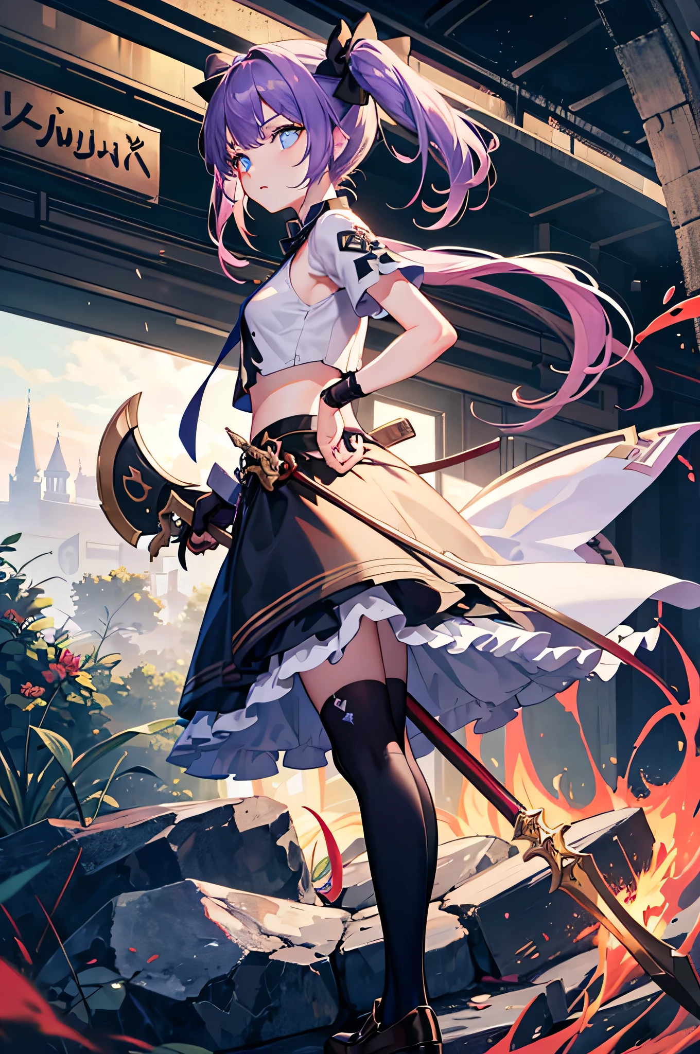 1 girl, Solo, Short Girl, Lolita, Highly detailed purple hair with purple tips, crystal hair, back twin tails, 美しい深いgreen grassい目, cross-shaped pupils, Eyes oozing red mist, Glowing eyes, Small breasts, intricate black、green grass、gray crop_There is a thread on the top, wears armored arms, thread costume, Mini skirt, Short black socks, has a weapon like a bow, fantasy style brown shoes, Intensive manifestation, aim with a weapon, Side view, Forest in the background
