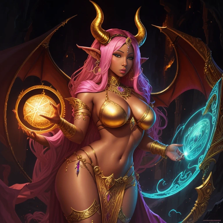 fantasy art, oil painting, A beautiful female Nicki Minaj: tiefling warlock  in a magic circle,  gold bikini, bright volumetric lighting, full body, 8x, hyperdetailed, ultra-realistic, fantasy, D&D, DnD, Pathfinder, beautiful face