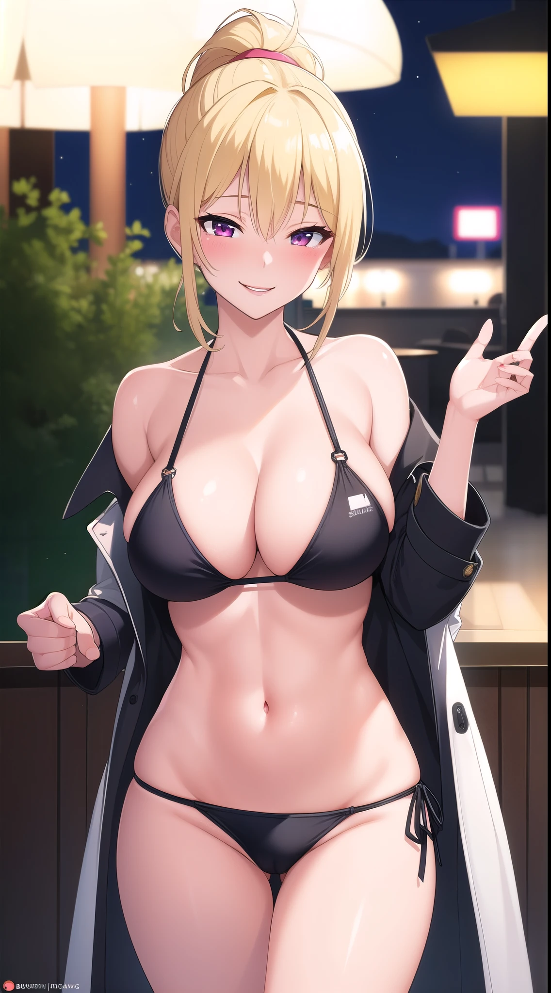 (best quality:1.5, highres, UHD, 4K, detailed lighting, shaders, perfect hand anatomy), blonde ponytail, beautiful, hot, gorgeous, sexy, erotic, lewd, seductive, ecchi, busty, thighs, crotch, open coat, bikini, smiling, night, hotel background, slutty, horny, blushing:1.1, standing