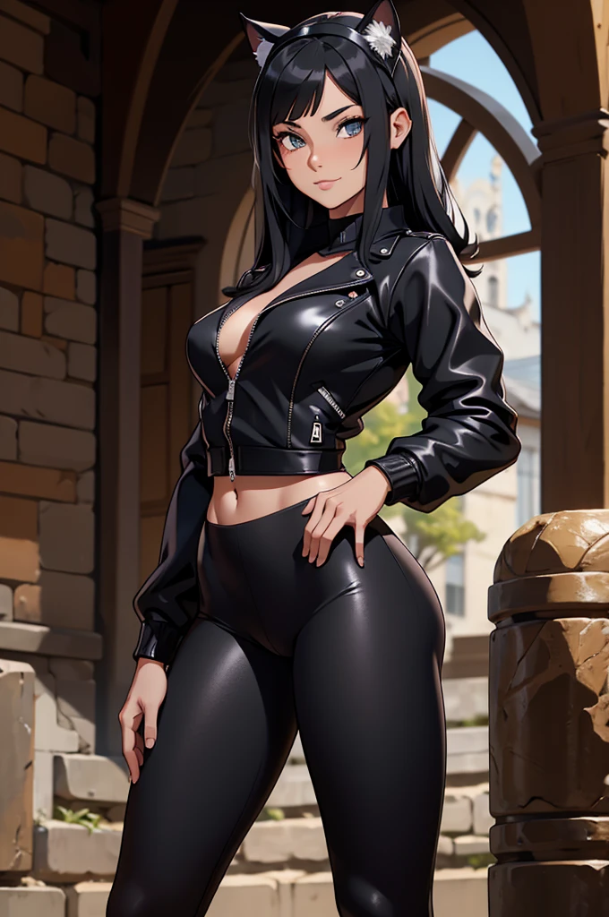beautiful young female warrior fighter with cat ears on her head, com rosto bem detalhado e bonito, belos olhos, belos olhos, rosto lindo, beautiful young woman wearing long black leggings with black details, mini saia curta, usando jaqueta de couro preta, standing in a castle, usando bota preta, cabelo comprido com franja preto, ,orelhas de gato, belo sorriso, tomboy, um pouco musculosa,suter branco com cinta em volta, olhar serio,usando jaqueta de couro preto, com ombreiras de prata nos ombros, leather jacket