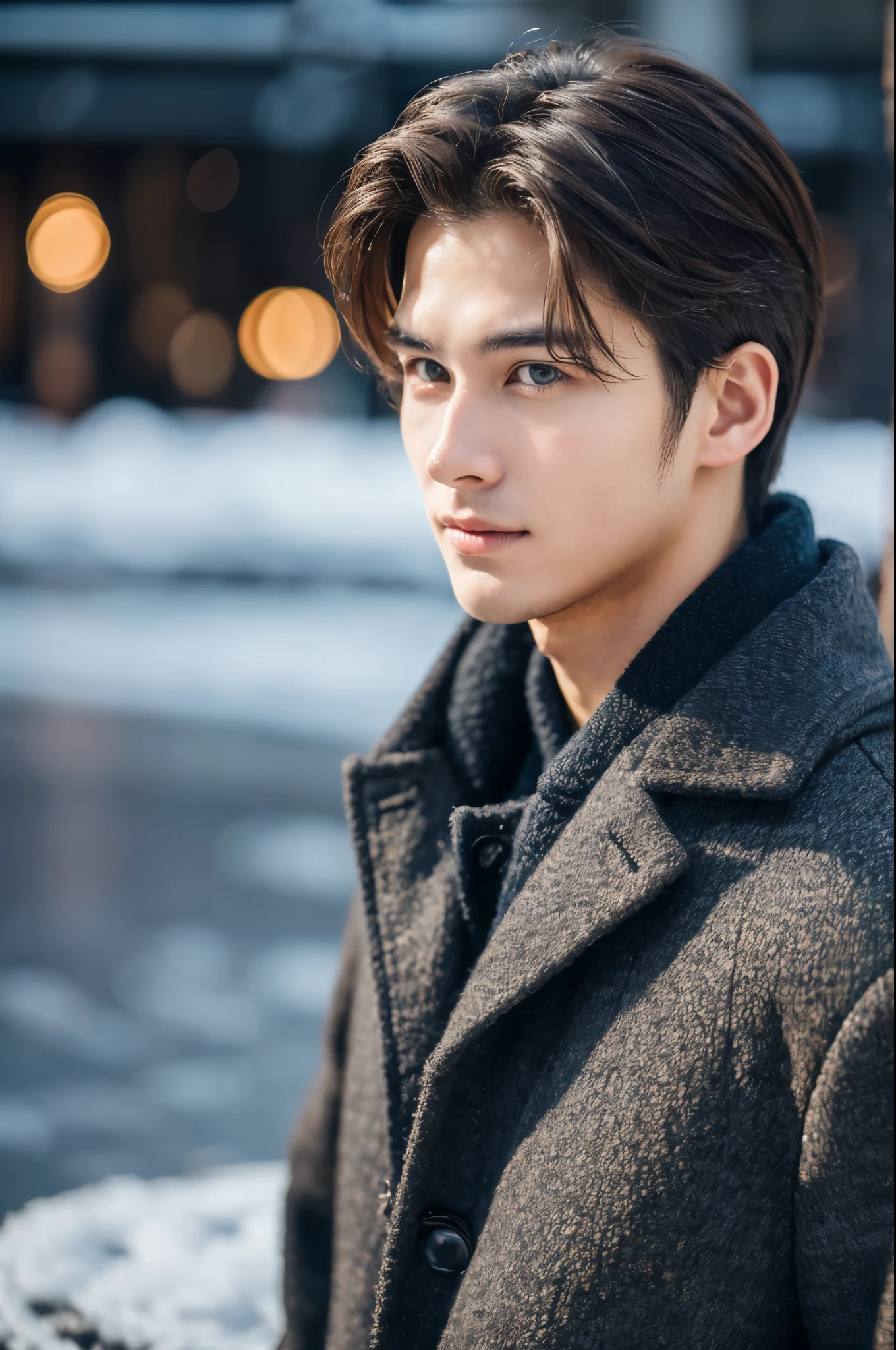 Photorealsitic, 8K full body portrait, a handsome, 20-year-old man, A charming expression, detailed face details, TOKYOcty, Winters, Shibuya in the background