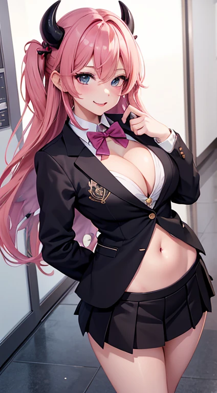 Anime illustration style,a beauty girl,demonic horns,Devil's wings on the back,(full bodyesbian),(Draw to the tips of your feet)、Standing,(Wearing loafers),a smile,(blazers),(校服),hi-school girl、preppy style、(Short Bob)、Navel Bow Style、A little bit of sagging eyes、High skin exposure、Pink hair、(The color of the eyes is green)、Eyes are green、I can see the cleavage、The navel is visible、Mouth open、sticking out the tongue、I'm putting out a velo、Licking fingers with tongue
