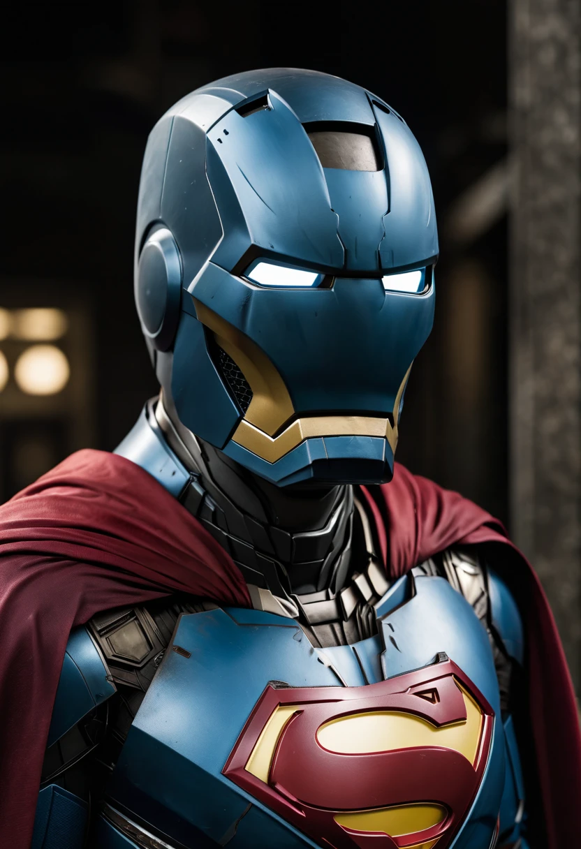 iron-man helmet in the batman suit wearing superman's cape