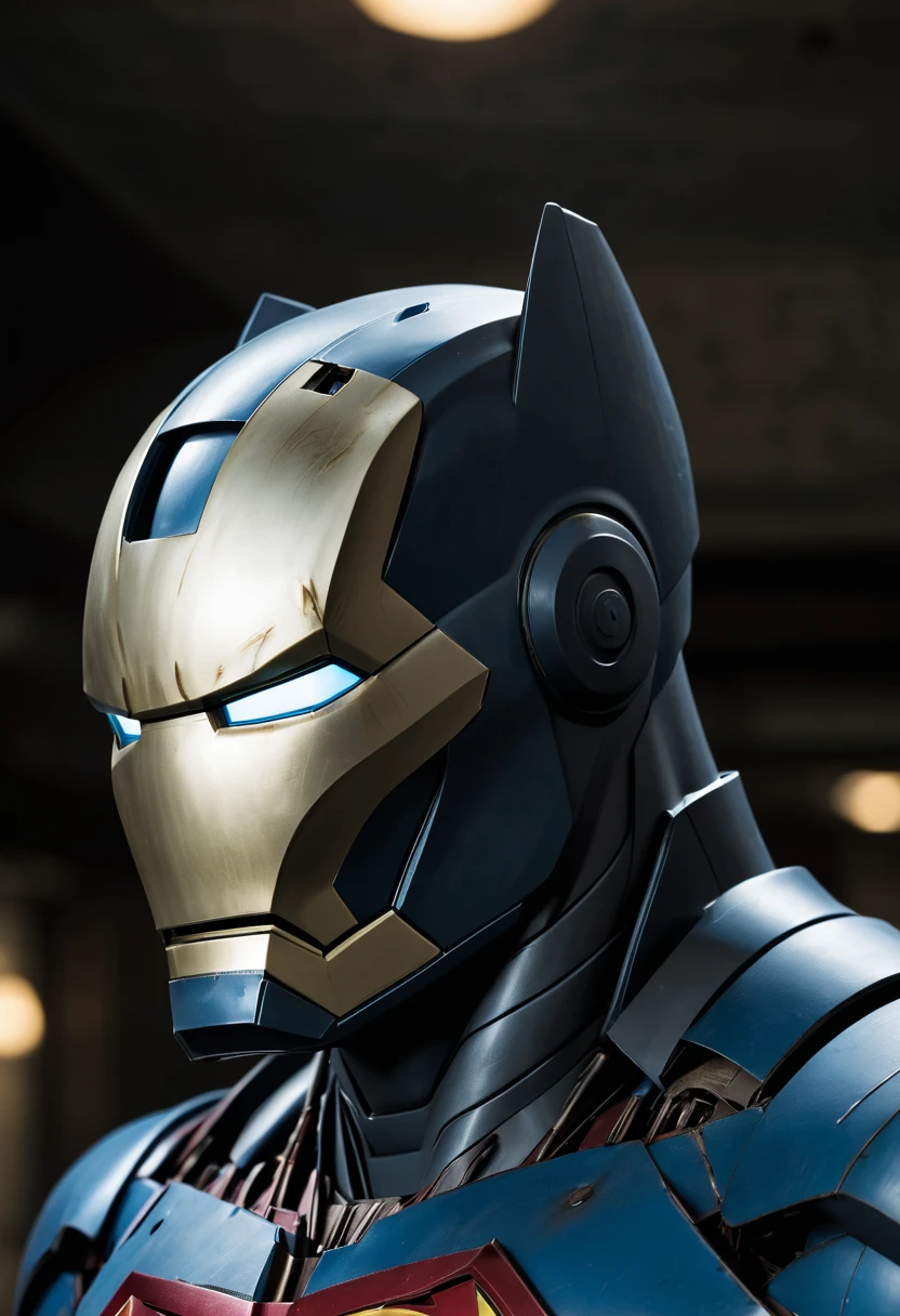 iron-man helmet in the batman suit wearing superman's cape