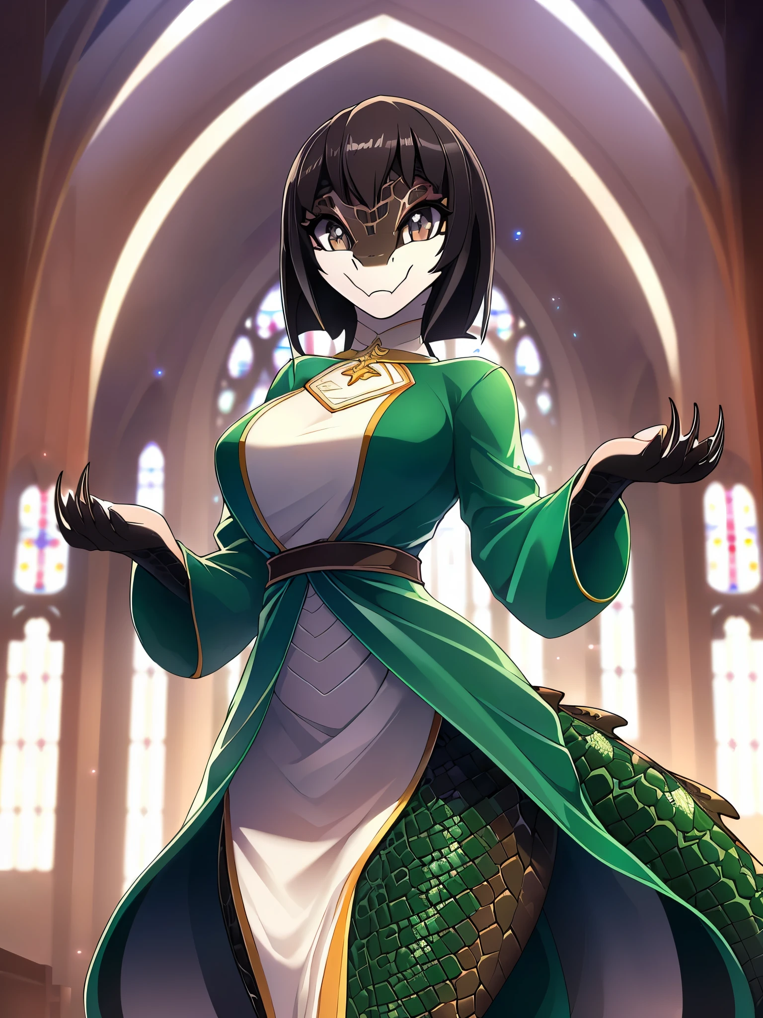 ((detailed)), beautiful, masterpiece, HDR, clear white background, solo, snake, anthro, female, female full body, ((black hair)), scale skin, (dark color scales:1.8), bright eyes, perfectly detailed eyes, perfectly shaped body, fingers with long thin claws, delicate facial features, (silly or cute face), church clothes