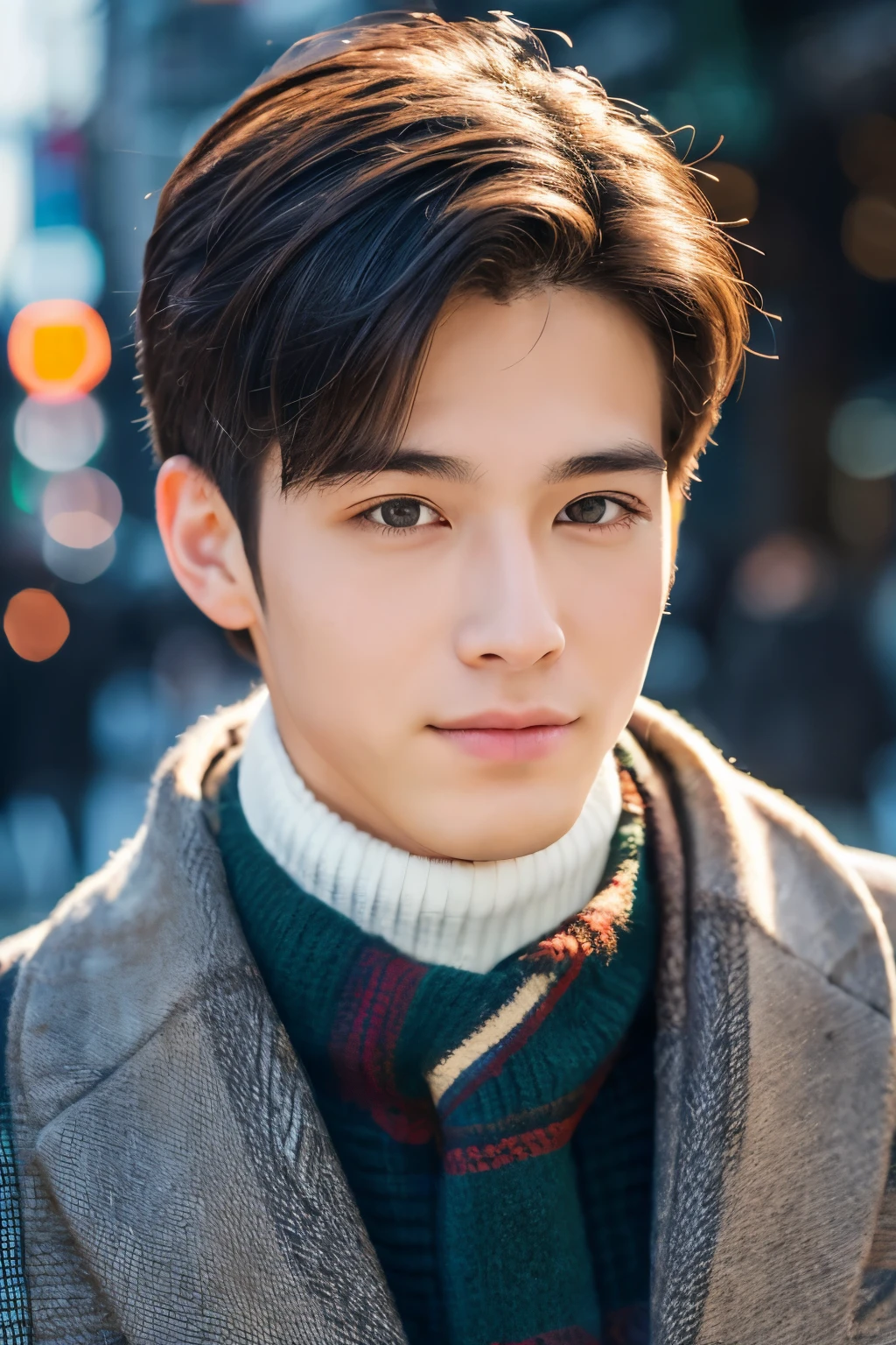 Photorealsitic, 8K full body portrait, a handsome, An 18-year-old man, A charming expression, detailed face details, TOKYOcty, Winters, Shibuya in the background