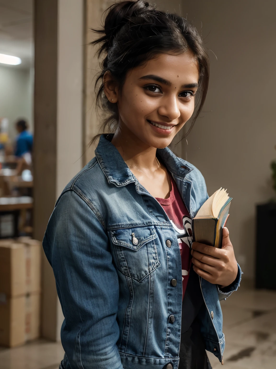 1 cute confident young indian girl wearing a denim jacket holding books in her hand, messy bun hair, candid photo, smiling, height 160 centimetres, petite build, fair skin, average hair length of 60 centimetres, photorealistic, detailed eyes, highly detailed, 8k, Realstic, photo, masterpiece, realism, realism, photoreallistic, high contrast, detailed skin texture, ultra-detailed, realistic skin texture