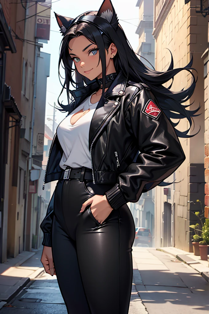 beautiful young female warrior fighter with cat ears on her head, com rosto bem detalhado e bonito, belos olhos, belos olhos, rosto lindo, beautiful young woman wearing long black leggings with black details, mini saia curta, usando jaqueta de couro preta, standing in a castle, usando bota preta, cabelo comprido com franja preto, ,orelhas de gato, belo sorriso, tomboy, um pouco musculosa,suter branco com cinta em volta, olhar serio,usando jaqueta de couro preto, com ombreiras de prata nos ombros, leather jacket