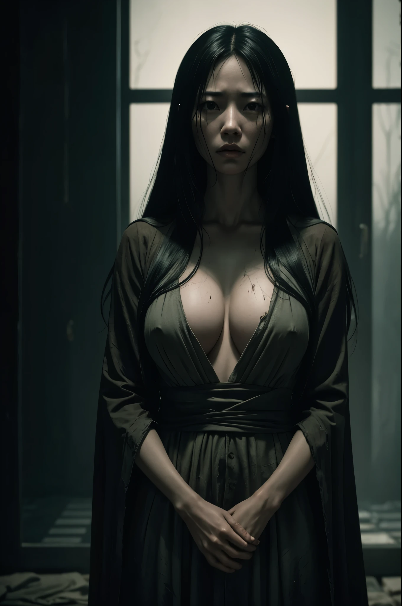 8k,crawl on the ground,Very big breasts,超A high resolution,real looking skin,Horror movie shot of creepy girl with long straight black hair, Sadako,Super beauty(Like the real thing), Wearing a dirty hospital gown, eerily distorted face,thirds rule, Tonal color scheme, Pale Brown,  Bokeh, mystery, Horror, eery, creepy, Moody lighting, In the style of Denis Villeneuve, Film Still, cinestill 800,Fantasyart,character art,sexy for,Horrific morphology,grudge,Grievances,