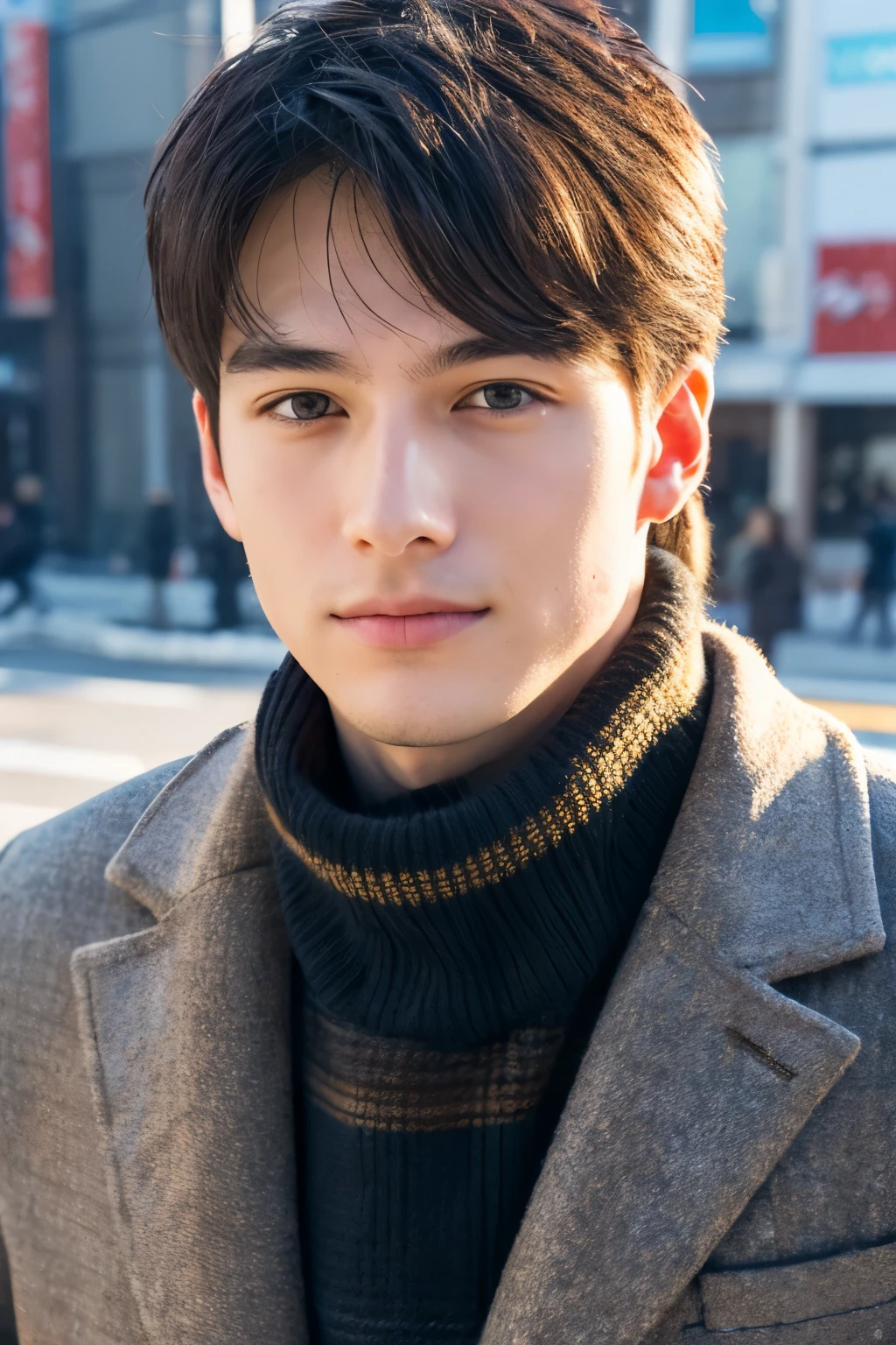 Photorealsitic, 8K full body portrait, a handsome, An 18-year-old man, A charming expression, detailed face details, TOKYOcty, Winters, Shibuya in the background
