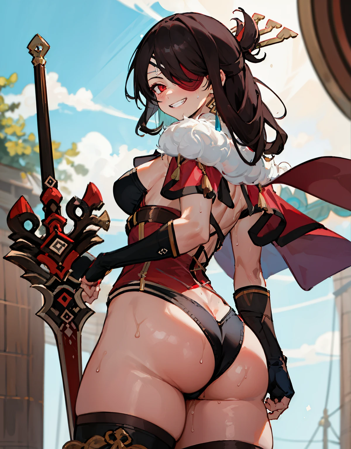 (Best Quality, Masterpiece),sexy, erotic, 1girl, 18 years old, Contempt, pride, long brown hair, looking at viewer, (standing), ((tavern)), sweat, warm light, (grin), raised eyebrows, perfect hands, ((under butt)), thick thighs, official outfit, red eyepatch, red eyes, cape, ((crew)), people