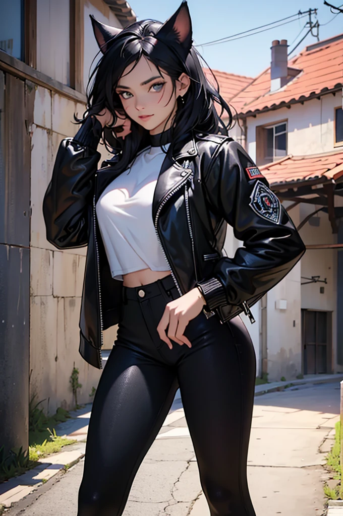 beautiful young female warrior fighter with cat ears on her head, com rosto bem detalhado e bonito, belos olhos, belos olhos, rosto lindo, beautiful young woman wearing long black leggings with black details, mini saia curta, usando jaqueta de couro preta, standing in a castle, usando bota preta, cabelo comprido com franja preto, ,orelhas de gato, belo sorriso, tomboy, um pouco musculosa,suter branco com cinta em volta, olhar serio,usando jaqueta de couro preto, com ombreiras de prata nos ombros, leather jacket