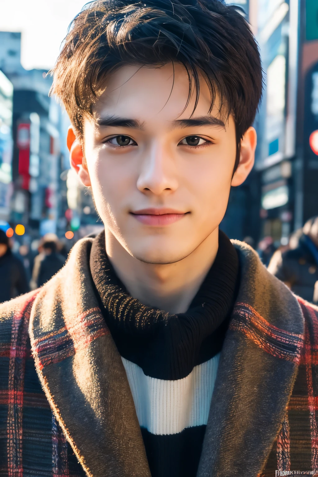 Photorealsitic, 8K full body portrait, a handsome, An 18-year-old man, A charming expression, detailed face details, TOKYOcty, Winters, Shibuya in the background