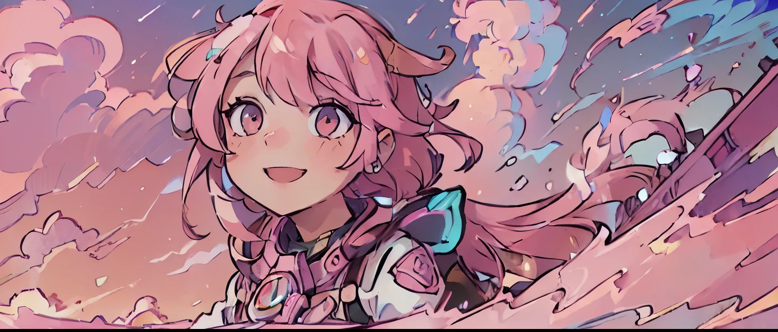 A girl looking up at the vast clouds, vaat sky, pink sky, pink hair, gold eyes glow, looking at sky, hyper-realistic, ultra resolution, perfect image, perfect promp, detailed anatomy, Masterpiece, detailed body, Smile from ear to ear:1.5, 1girl:1.5