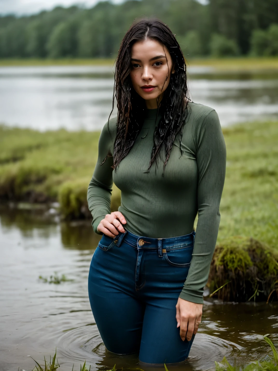The woman, Standing In jeans, Sinks, in the middle of the swamp (Masterpiece:1.2), Ultra-detailed, realistic face, detailed clothes, wet hair, Dark and mysterious atmosphere, lush green vegetation, cloudy water, Subtle reflections, bright colours,