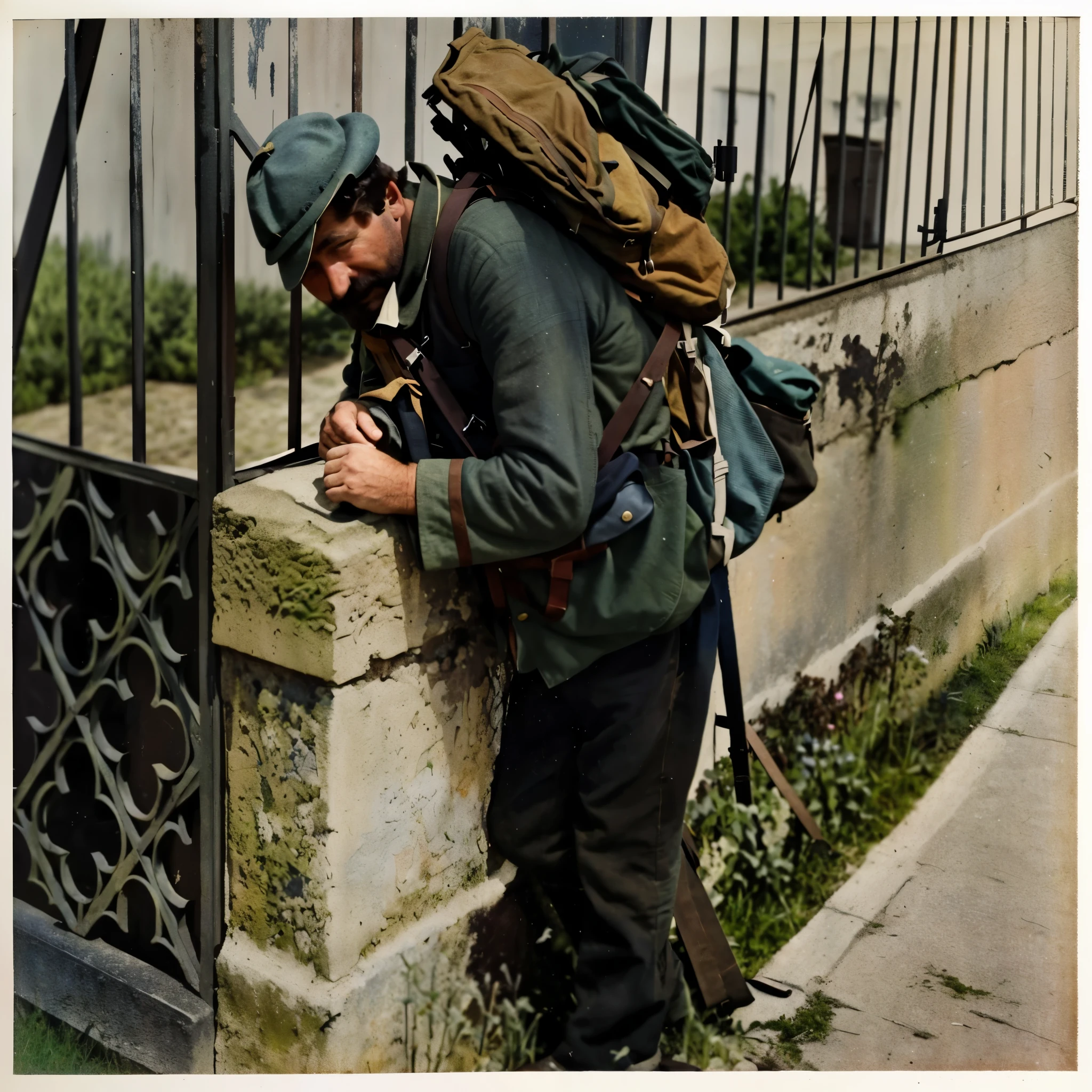 there is a man that is leaning against a wall with a backpack, colourized, colorized, colorized photograph, colorized 1 9 0 4 photo, colorized photo, award winning colorized photo, a colorized photo, colourised, solo male weary soldier, vintage color photo, hand - tinted, photo in color, old color photo, taken on a ww 1 camera