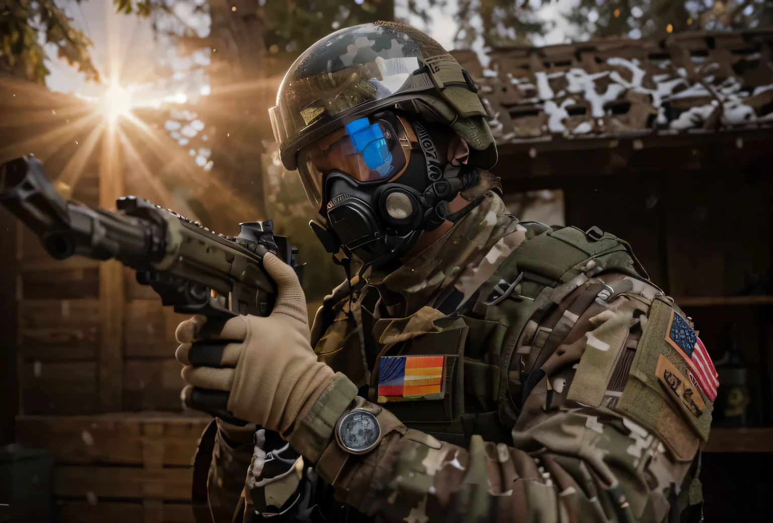 wide blue glass tactical visorMale soldier, uniforme militar camuflado blanco, casco militar, wide blue glass tactical visor, tactical gas mask, chaleco antibalas, Belt with ammunition, lleva un walkie talkie, manos con guantes, sostiene un rifle con una mano, Buena luz, en un bosque nevado de Noruega, 4k, Ultra detallado image, realista, Altamente detallado, perfect composition, splendid, Intrincadamente detallado, Incredibly detailed, 8 k artistic photography, hiper detallado, Obra maestra, Ultra detallado, Hyper realista, 4k, Ultra detallado image, realista, Altamente detallado, perfect composition, splendid, Intrincadamente detallado, Incredibly detailed, 8K fine art photography, hiper detallado, Obra maestra