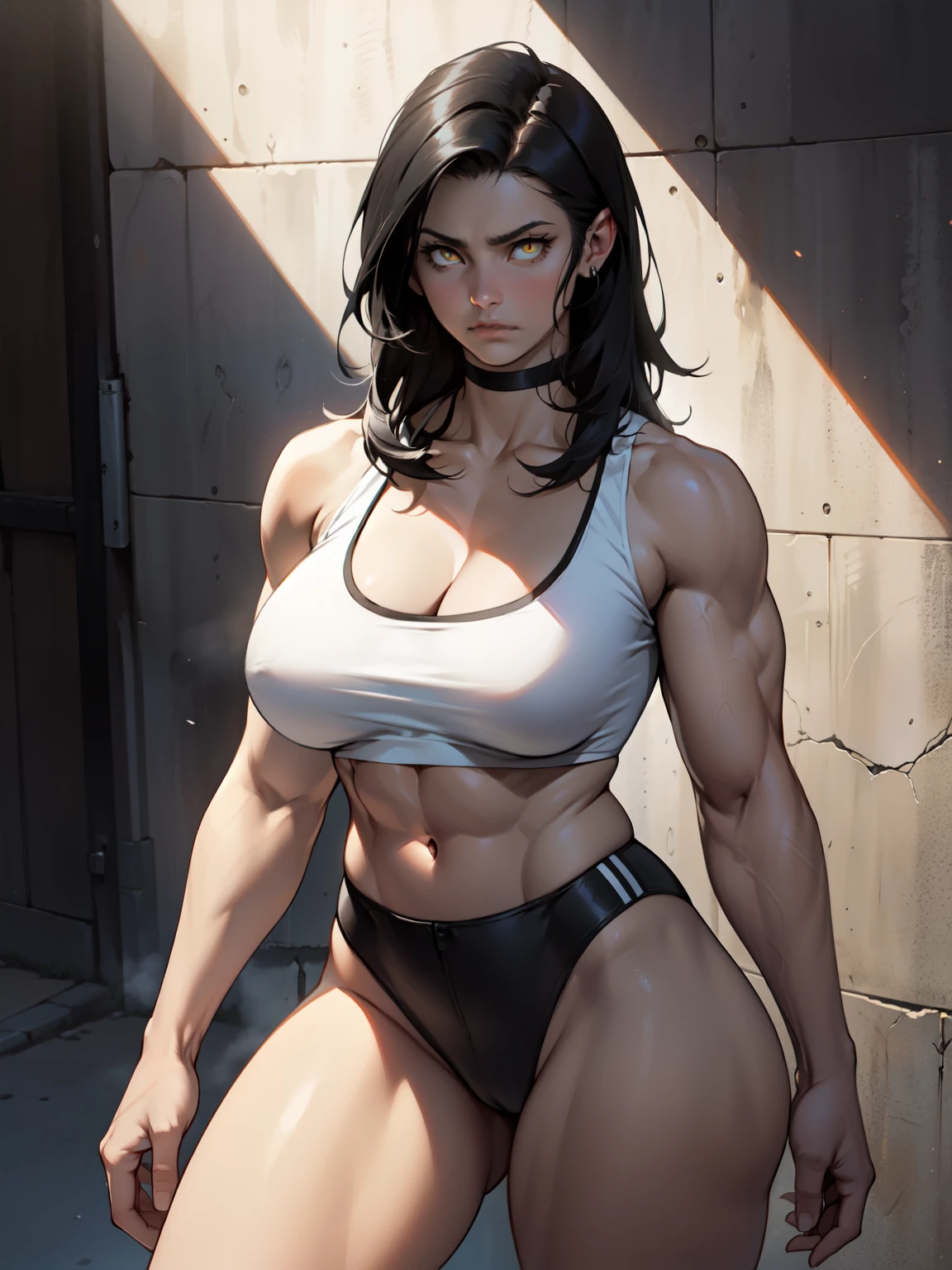 muscular girl thin waist toned body huge breasts thick thighs pale skin girl black hair yellow eyes sad chiaroscuro muscular muscular