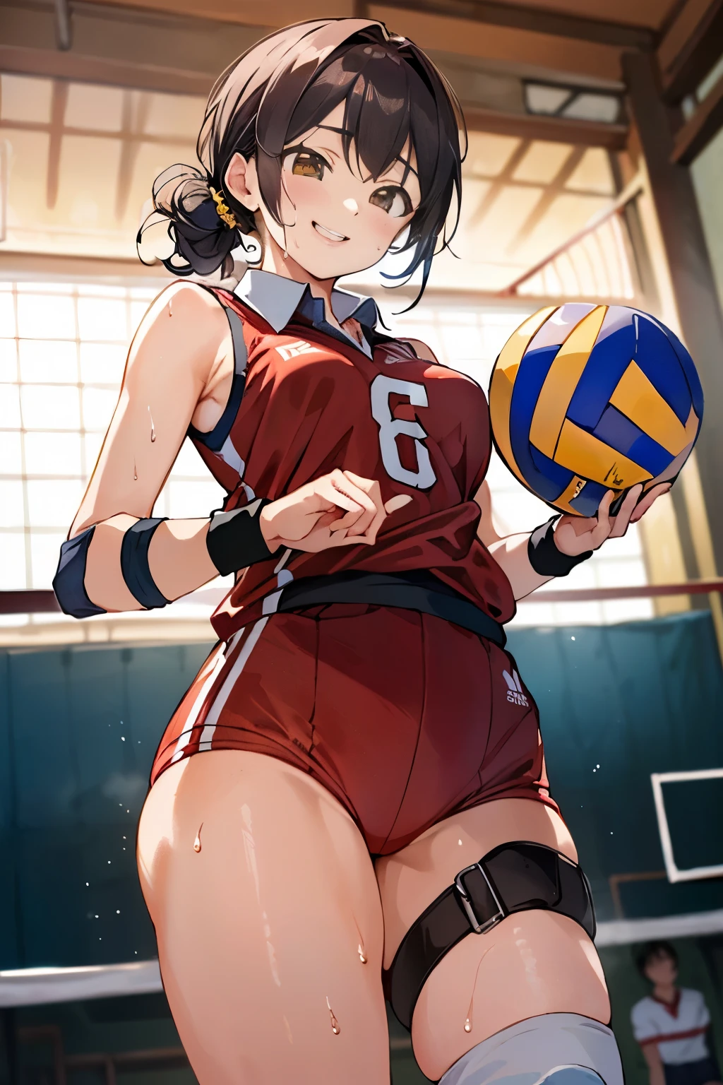 unity 8k wallpaper, anatomically correct, (((masterpiece))), (((best quality))), (((ultra detailed))), (((high-resolution))), ((super fine illustration)), ((Ultimate cutie)), ((detailed beautiful face)), ((perfect hands)), ((perfect finger)), (((good anatomy))), Solo, One girl, , (potbelly), (Curve), medium breasts, ((thick thighs)), Shiny hair, ((smile)), smug face, (blush)), BREAK, Adidas, (((Buruma))), (Sleeveless collared Volleyball Uniforms), head band, ((wristbands)), ((Kneepads)), BREAK, (((Hold a beautiful spherical 6-inch volleyball with both hands))), ((Sweat)), (perspired), (Heavy breathing), in gymnasium, in volleyball court, depth of field, strong light, ((Looking down)), cowboy shot