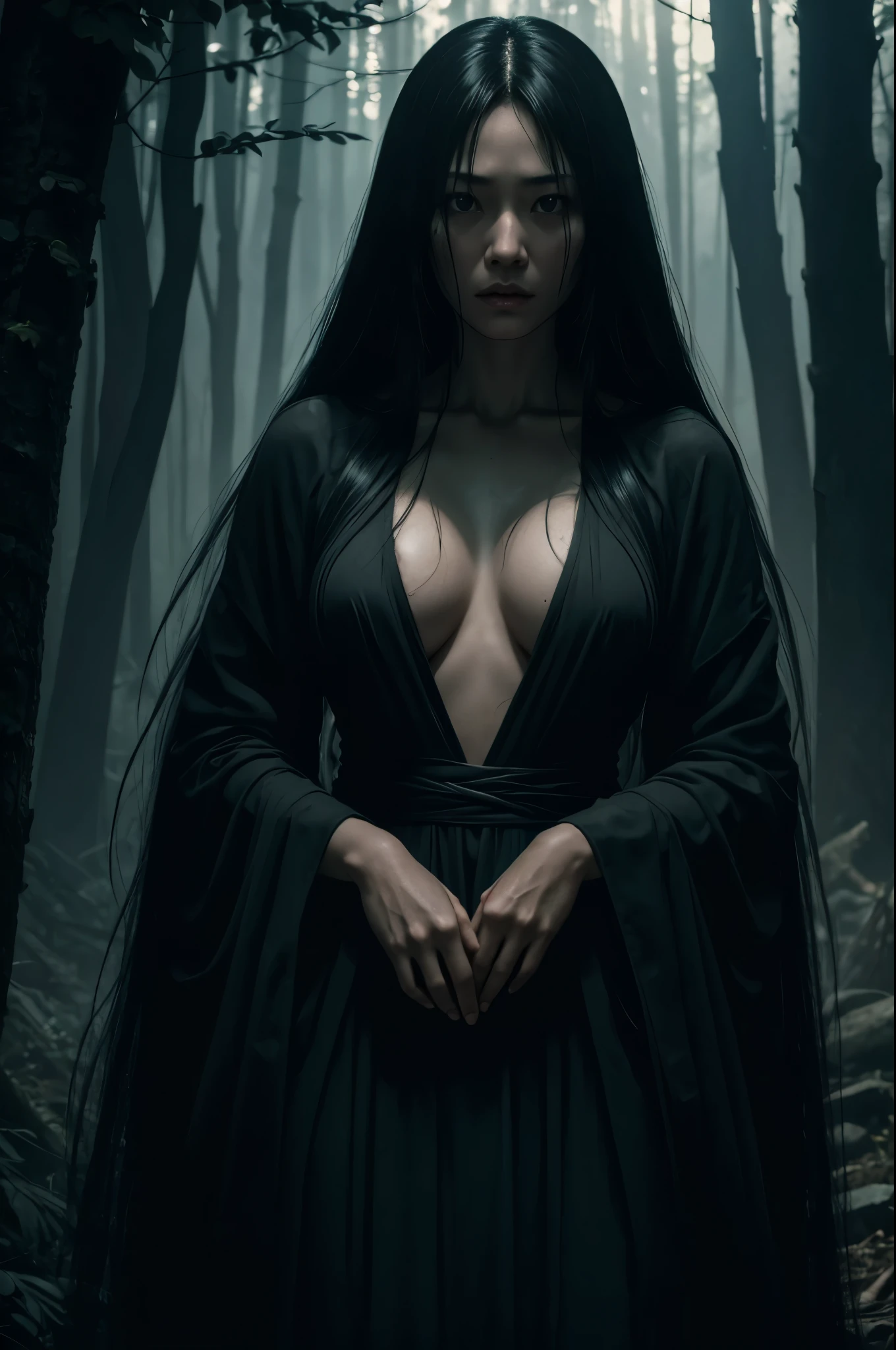 8k,crawl on the ground in the forest,Very big breasts,超A high resolution,real looking skin,Horror movie shot of creepy,very long black hair, Sadako,Super beauty(Like the real thing), wearing a dirty gown, eerily distorted face,thirds rule, Tonal color scheme, Pale Brown,  Bokeh, mystery, Horror, eery, creepy, Moody lighting, In the style of Denis Villeneuve, Film Still, cinestill 800,Fantasyart,character art,sexy for,Horrific morphology,grudge,Grievances,