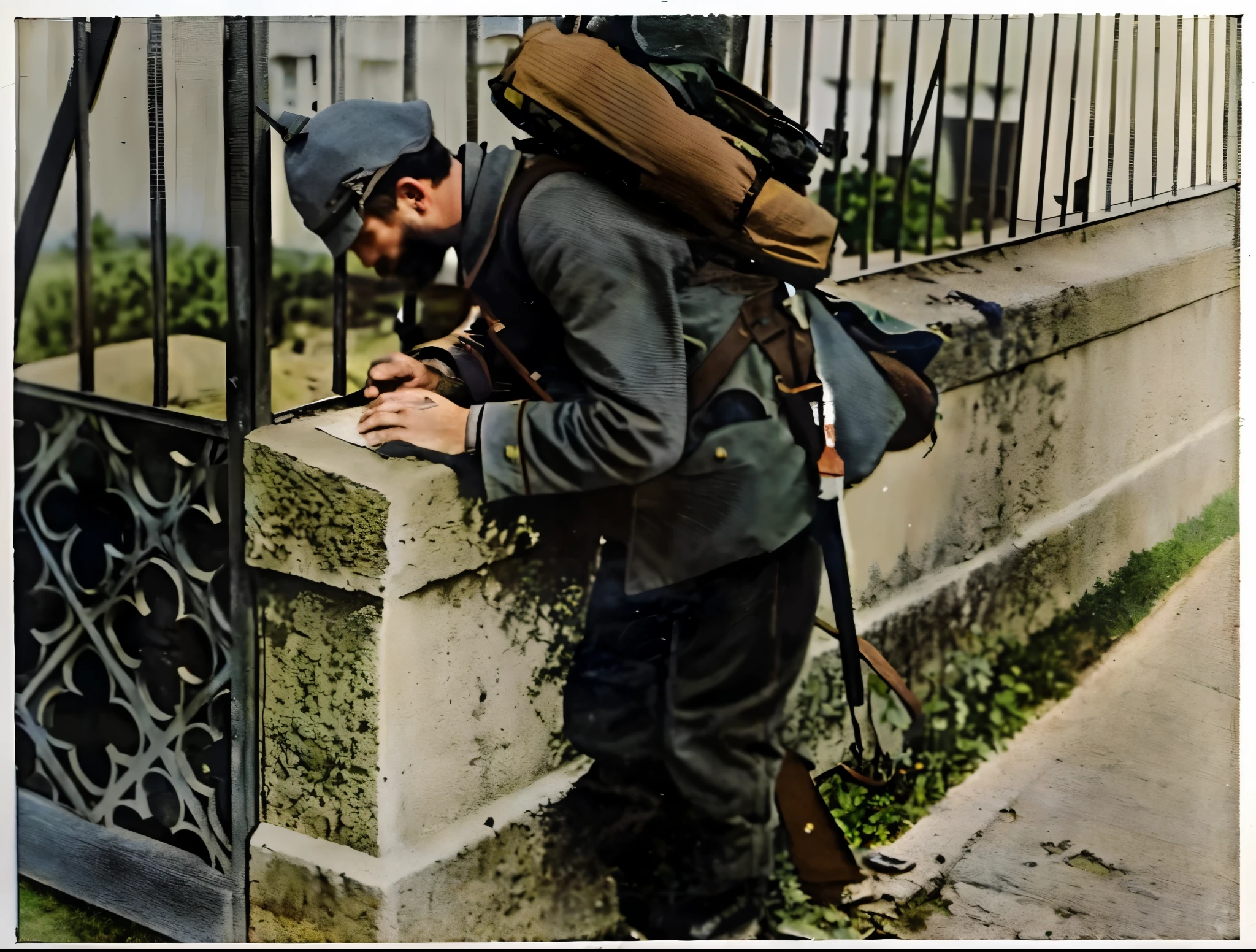there is a man that is leaning against a wall with a backpack, colourized, colorized, colorized photograph, colorized 1 9 0 4 photo, colorized photo, award winning colorized photo, a colorized photo, colourised, solo male weary soldier, vintage color photo, hand - tinted, photo in color, old color photo, taken on a ww 1 camera