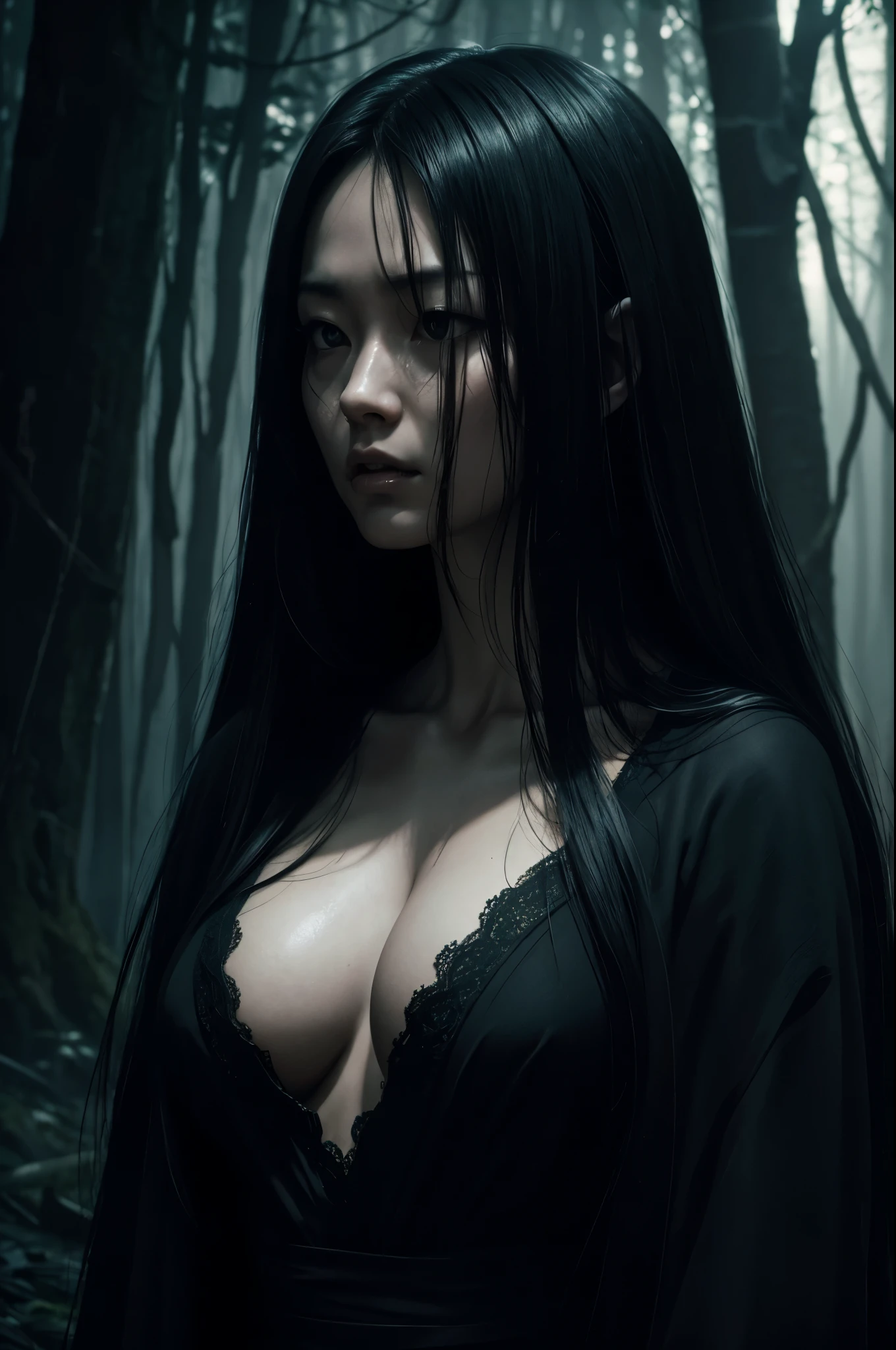 8k,crawl on the ground in the forest,Very big breasts,超A high resolution,real looking skin,Horror movie shot of creepy,very long black hair, Sadako,Super beauty(Like the real thing), wearing a dirty gown, eerily distorted face,thirds rule, Tonal color scheme, Pale Brown, Bokeh, mystery, Horror, eery, creepy, Moody lighting, In the style of Denis Villeneuve, Film Still, cinestill 800,Fantasyart,character art,sexy for,Horrific morphology,grudge,Grievances,