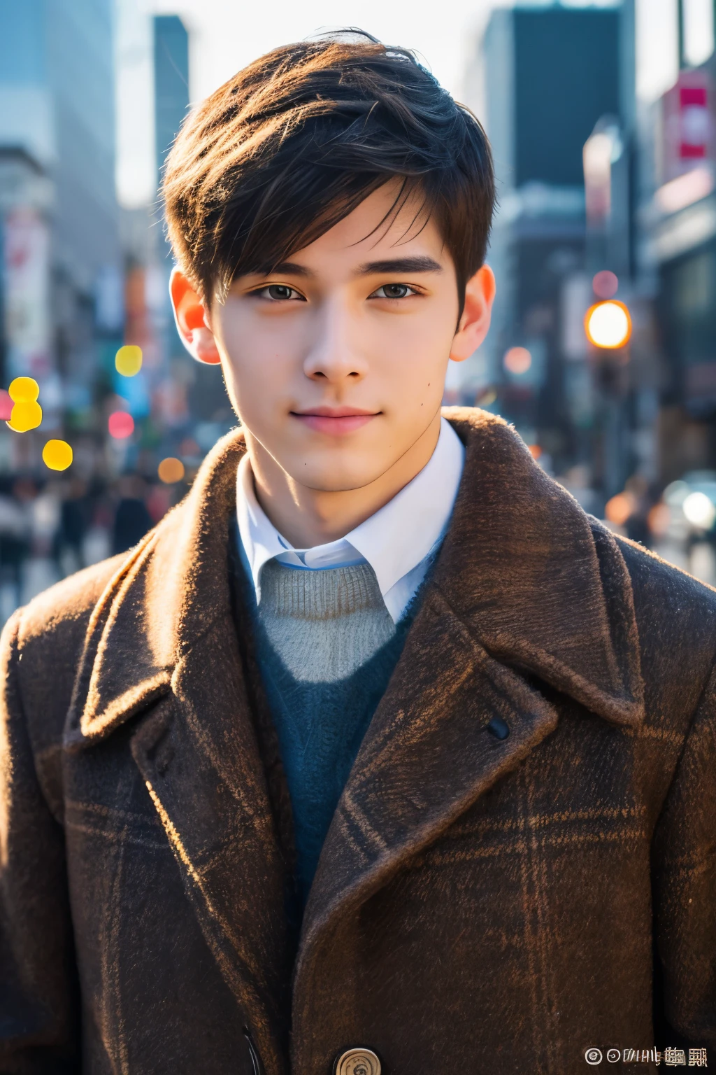 Photorealsitic, 8K full body portrait, a handsome, An 18-year-old man, A charming expression, detailed face details, TOKYOcty, Winters, Shibuya in the background