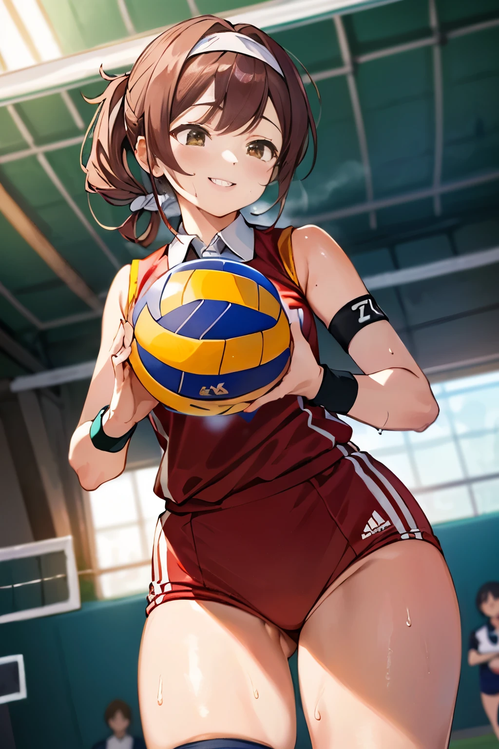 unity 8k wallpaper, anatomically correct, (((masterpiece))), (((best quality))), (((ultra detailed))), (((high-resolution))), ((super fine illustration)), ((Ultimate cutie)), ((detailed beautiful face)), ((perfect hands)), ((perfect finger)), (((good anatomy))), Solo, One girl, 17 years old, (potbelly), (Curve), medium breasts, ((thick thighs)), Shiny hair, ((smile)), smug face, (blush)), BREAK, Adidas, (((Buruma))), (Sleeveless collared Volleyball Uniforms), head band, ((wristbands)), ((Kneepads)), BREAK, (((Hold a beautiful spherical 6-inch volleyball with both hands))), ((Sweat)), (perspired), (Heavy breathing), in gymnasium, in volleyball court, depth of field, strong light, ((Looking down)), cowboy shot