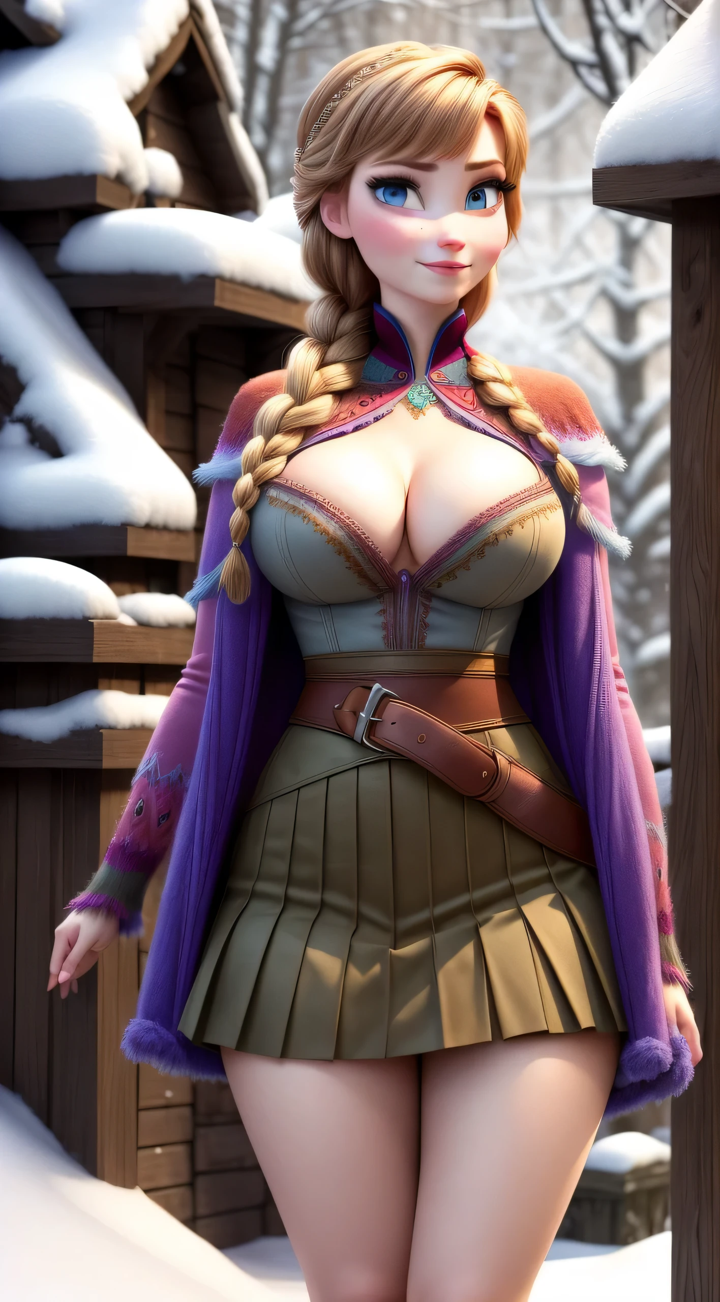 woman, ((Masterpiece, best quality)), full body view, sexy, bursting huge breasts, detailed skin, Anna from Frozen clothes, highly detailed, cinematic lighting, ultra realistic, blush, looking at viewer,  anna, anna from frozen, princess, disney, brown hair, long hair, portrait, outdoor, snow,  cleavage,  large breasts,  wide hips, full body view, tall, 
skirt, miniskirt, microskirt, pleated skirt, thighs,