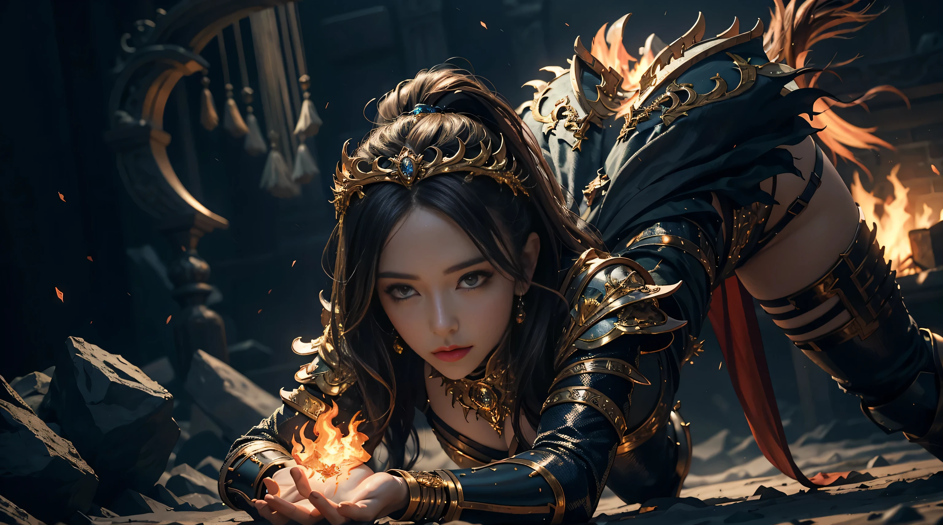 Venus, 1 Women cast fire, nightfall, Crystal armor，Anatomically correct，best qualtiy，The is very detailed，4K，Cinematic lighting effects，Look from the bottom up
