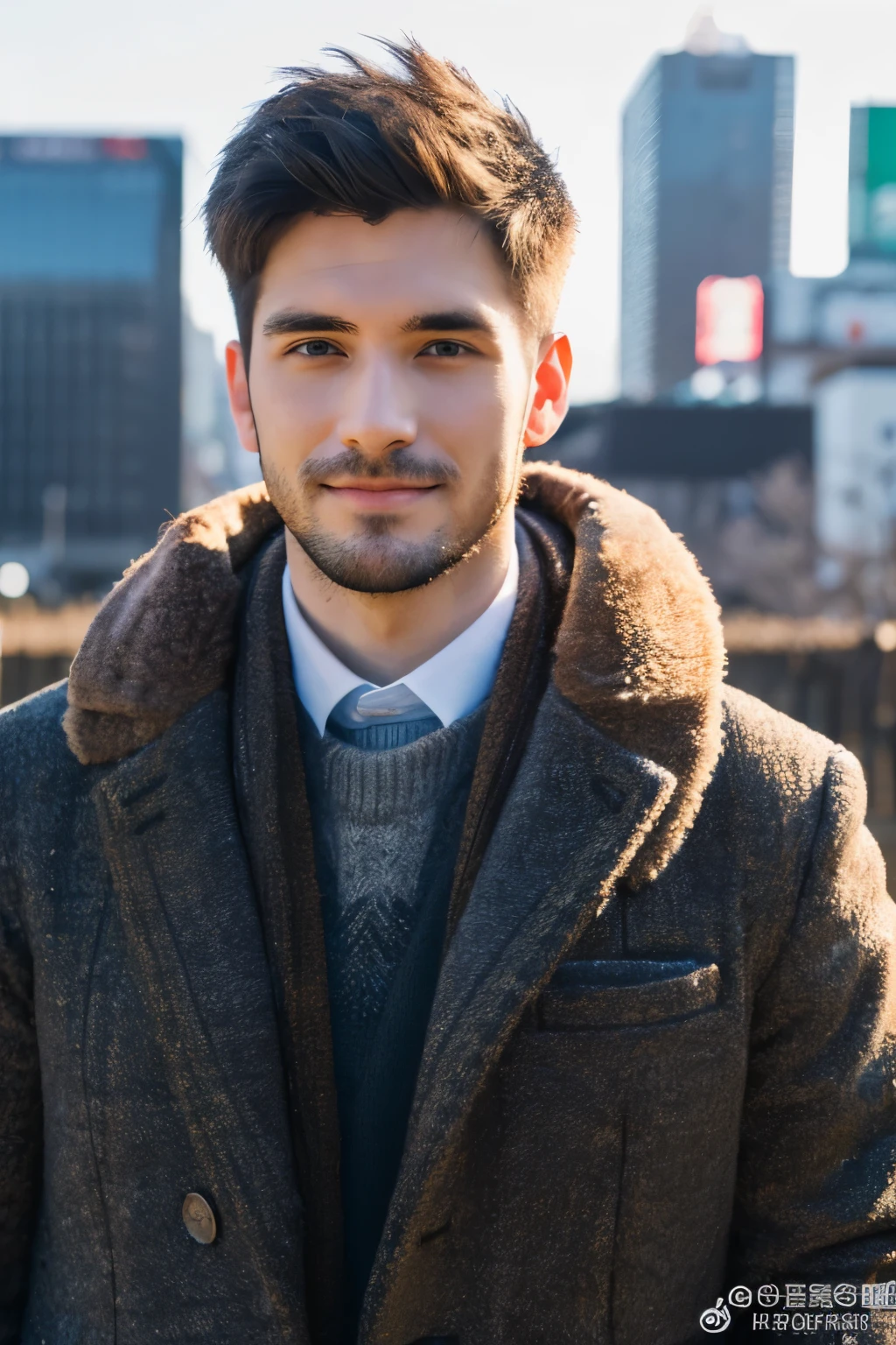 Photorealsitic, 8K full body portrait, a handsome, a 25-year-old man, A charming expression, detailed face details, TOKYOcty, Winters, Shibuya in the background