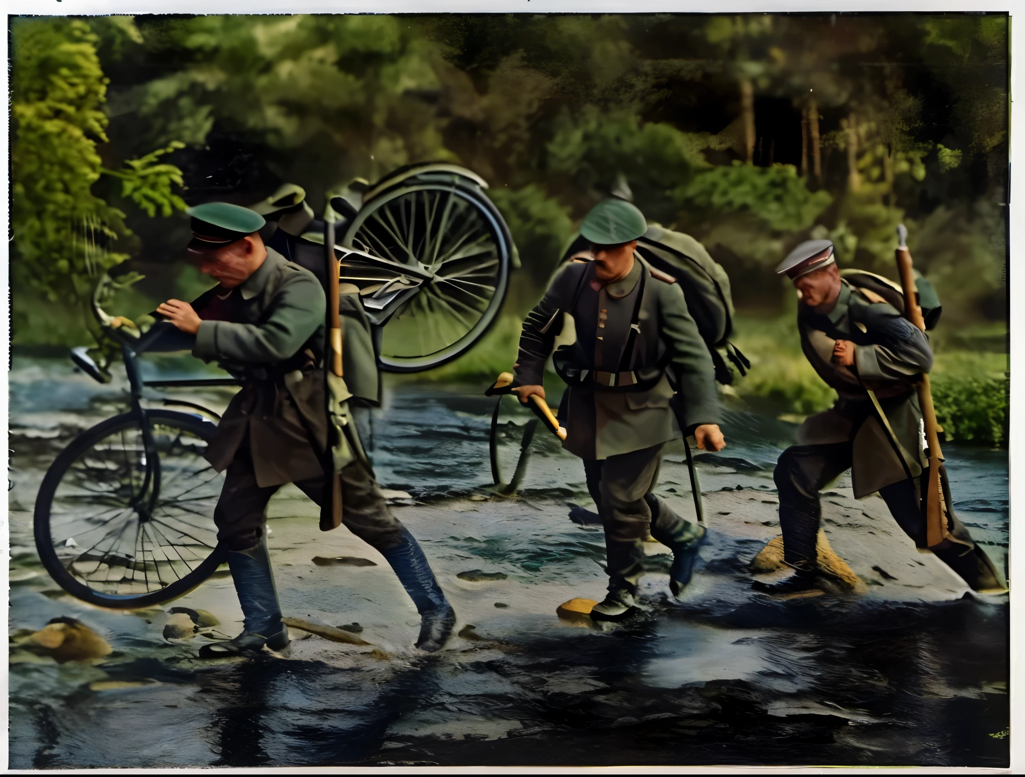 there are three men walking across a river with a bicycle, soldiers charging in, soldiers running, wounded soldiers, military art, soldiers, inspired by Stanhope Forbes, wwi, ww 1, ww1, fight ww 1, schutztruppe, russian ww 1, ww1 photo, taken on a ww 1 camera, hand, 1/60
