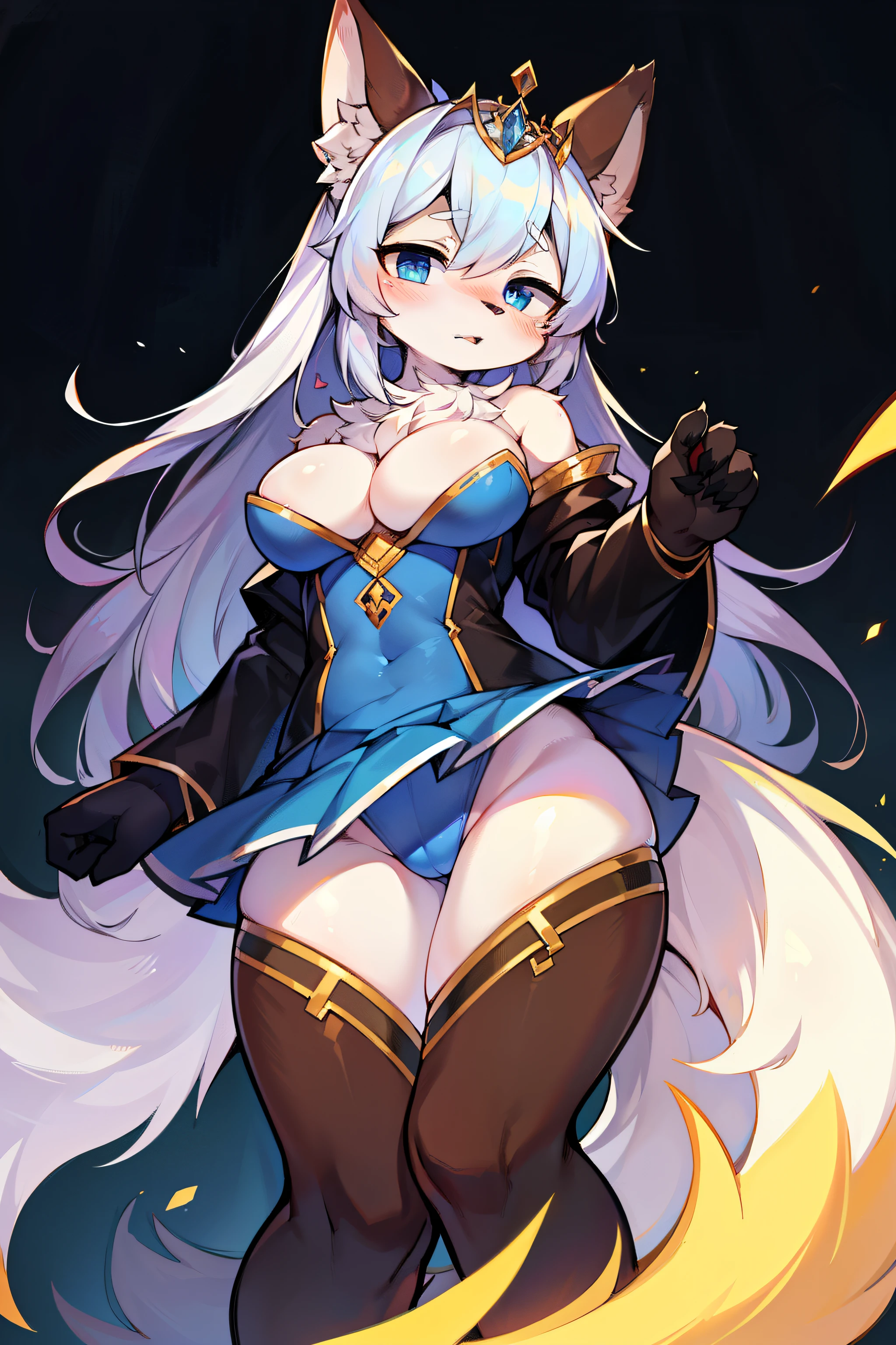 absurdres, furry, female furry, anthro, trending on artstation, uploaded on e621, detailed portrait of a anthro woman, extreme detail, detailed fluffy fur, full body, blushing, detailed eyes, (shaded), (detailed lighting), (cinematic lightinasterpiece, hi res, RAW photo, high resolution, high details, best quality), high definition, (high sharpness:1.3), wolf ears, wolf tail, black fur, long_hair, (white wizard frilled leotard and blue micro skirt), wizard tiara, cleavage,