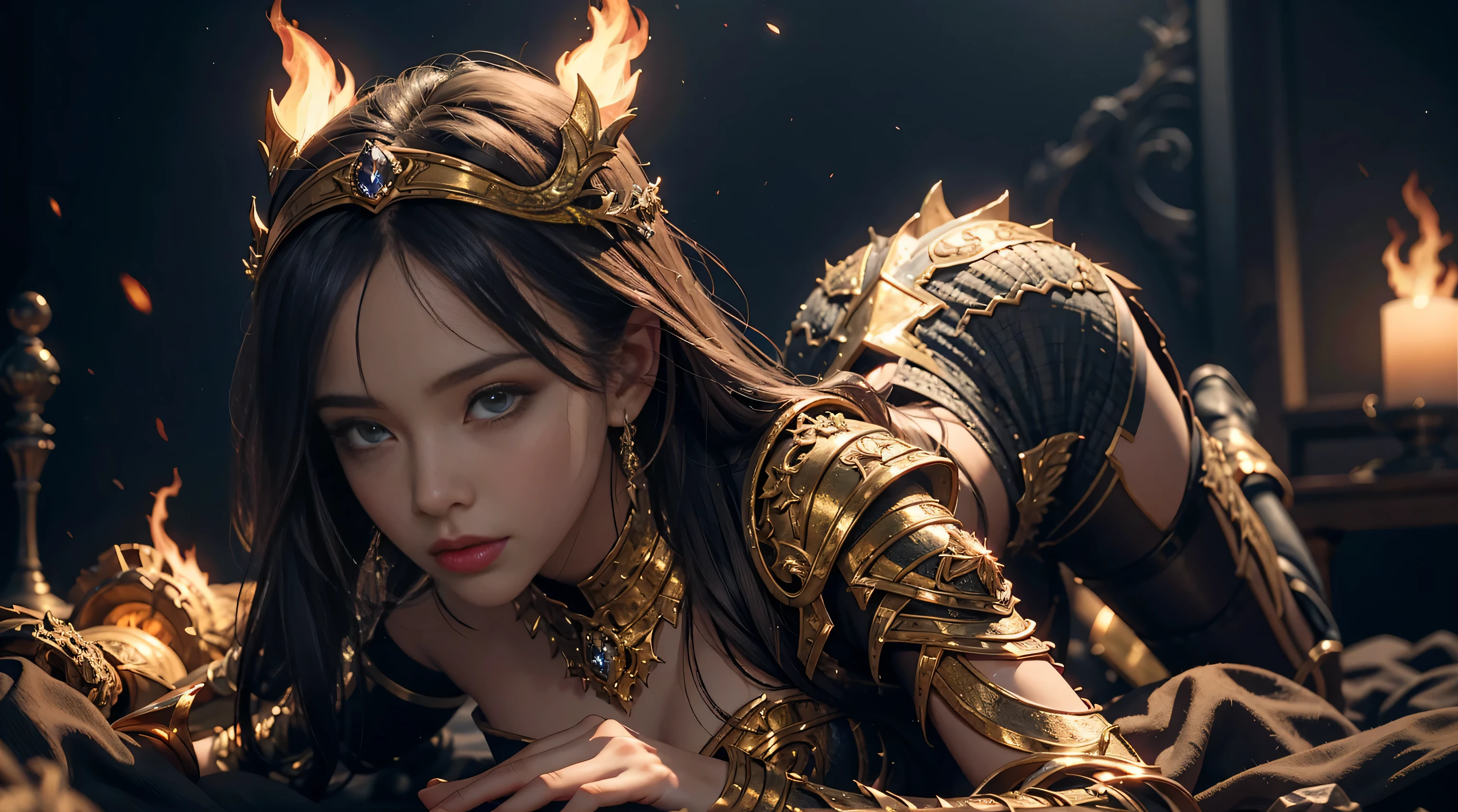 Venus, 1 Women cast fire, nightfall, Crystal armor，Anatomically correct，best qualtiy，The is very detailed，4K，Cinematic lighting effects，Look from the bottom up