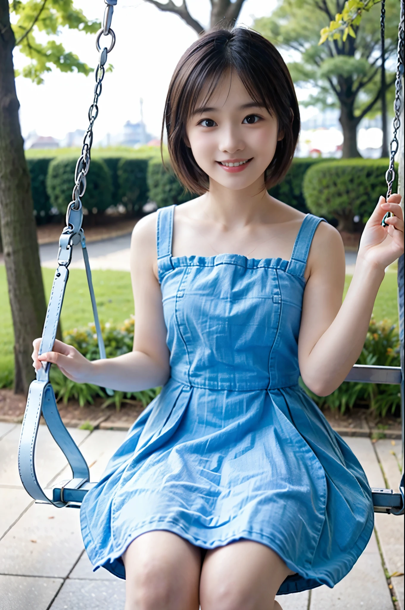 (Best Quality,4K,hight resolution,masutepiece:1.2),girl with ()、wearing a blue dress、Ride the swing、a closeup,Backshots、spring city park,Soft lighting,Vibrant colors,Happiness,Welcoming environment,Warmth,Shortcut Hair,Peace and quiet,Excitement and anticipation,Snowy landscape,Enchanted moments,