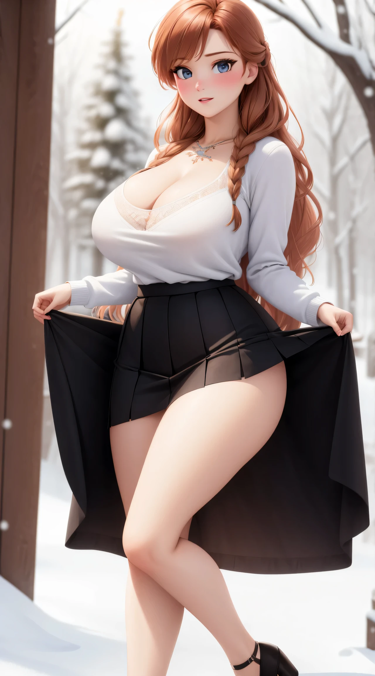 woman, ((Masterpiece, best quality)), full body view, sexy, bursting huge breasts, detailed skin, Anna from Frozen clothes, highly detailed, cinematic lighting, ultra realistic, blush, looking at viewer, anna, anna from frozen, princess, disney, brown hair, long hair, portrait, outdoor, snow, cleavage, large breasts, wide hips, full body view, tall,
skirt, miniskirt, microskirt, pleated skirt, thighs,
