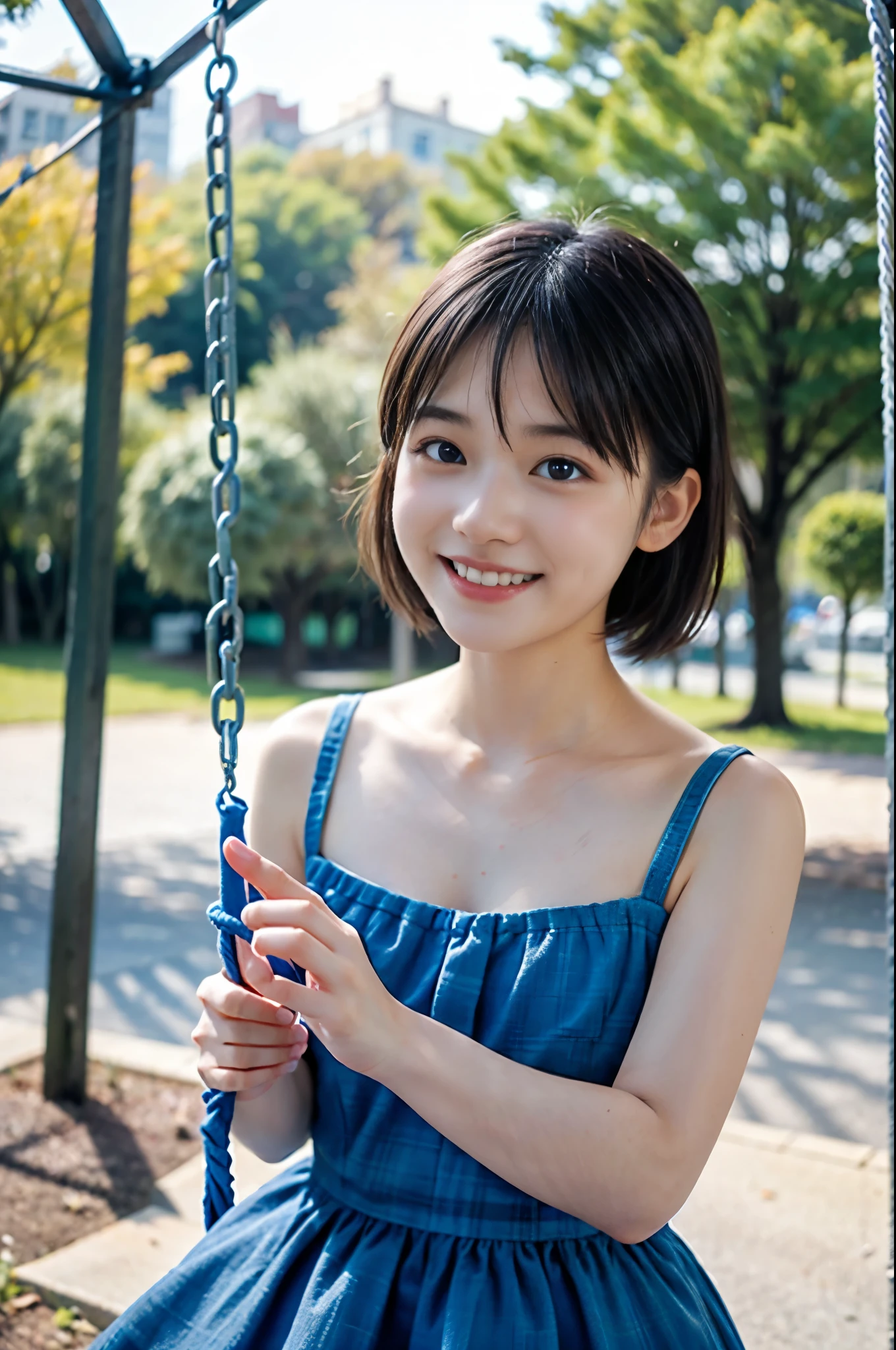(Best Quality,4K,hight resolution,masutepiece:1.2),girl with (15 years old)、wearing a blue dress、Ride the swing、a closeup,Backshots、spring city park,Soft lighting,Vibrant colors,Happiness,Welcoming environment,Warmth,Shortcut Hair,Peace and quiet,Excitement and anticipation,Snowy landscape,Enchanted moments,