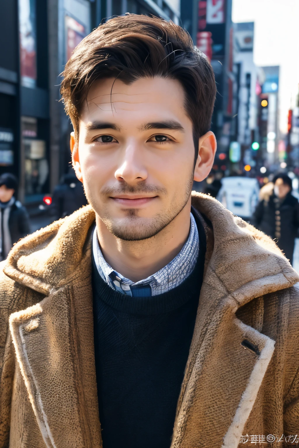 Photorealsitic, 8K full body portrait, a handsome, a 25-year-old man, A charming expression, detailed face details, TOKYOcty, Winters, Shibuya in the background