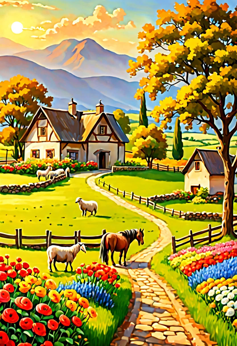 A farmhouse in a scenic countryside, sunlit fields, lush green grass, a traditional wooden water well, blooming flowers, a winding pathway, a horse grazing peacefully, a flock of sheep roaming, a vegetable garden with ripe produce, fresh air, tranquil atmosphere, oil painting-like texture, detailed brush strokes, vibrant colors, warm and golden color tones, soft and natural lighting, HDR effect, high-resolution masterpiece:1.2, ultra-detailed, realistic:1.37, professional quality, vivid colors, bokeh.