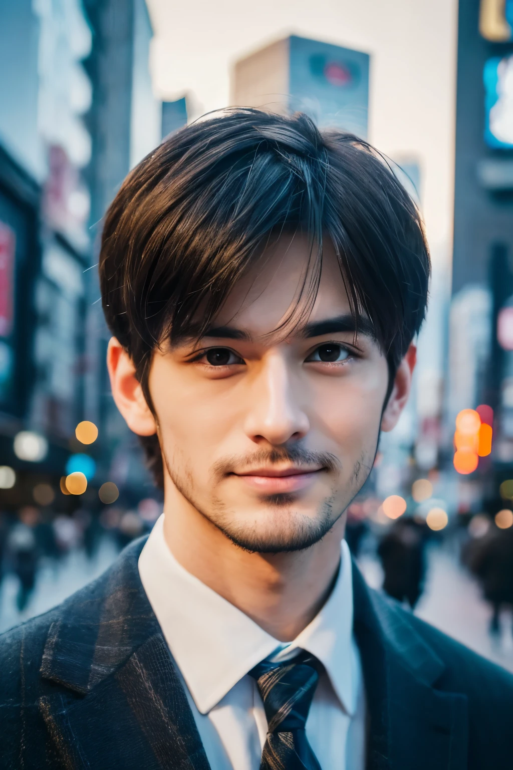 Photorealsitic, 8K full body portrait, a handsome, a 25-year-old man, A charming expression, detailed face details, TOKYOcty, Winters, Shibuya in the background