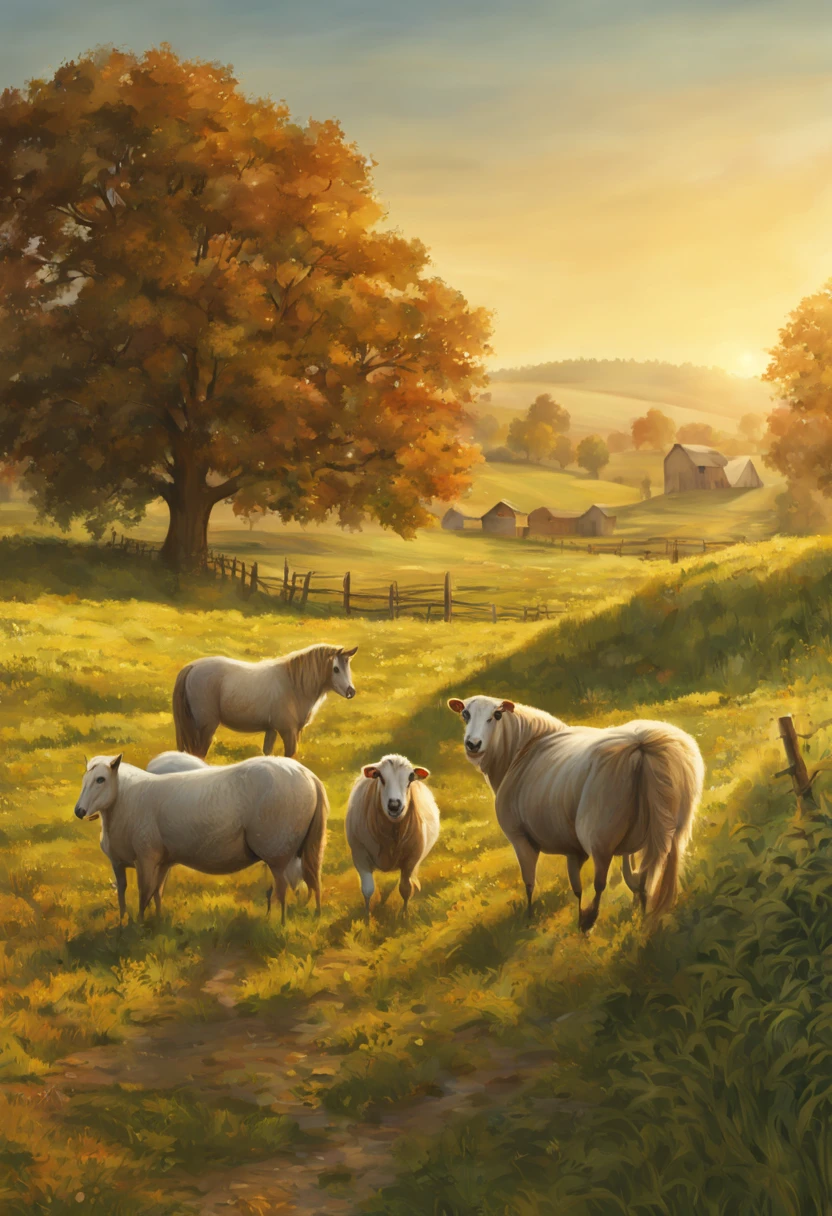 (best quality,4k,8k,highres,masterpiece:1.2),ultra-detailed,(realistic,photorealistic,photo-realistic:1.37),farm,beautiful detailed eyes,beautiful detailed lips,extremely detailed eyes and face,longeyelashes,countryside,peaceful,green environment,harvest time,wheat fields,rolling hills,barn,red roof,white picket fence,horses grazing,early morning light,golden hour,soft sunlight,clear blue sky,vibrant colors,nature,scenic beauty,fresh air,serene atmosphere,farmland,tractor,fruit trees,vegetable garden,farmhouse,smell of fresh hay,sheep grazing,gentle breeze,peaceful surroundings,harmonious landscape,healthy crops,family-owned farm,sustainable farming practices,happy animals,organic farming,tranquility,landscape painting,realistic details,professional artwork,harvest festival,autumn vibes,joyful atmosphere,plenty of food,plentiful harvest,crop diversity,traditional farming techniques,lovely farm scene