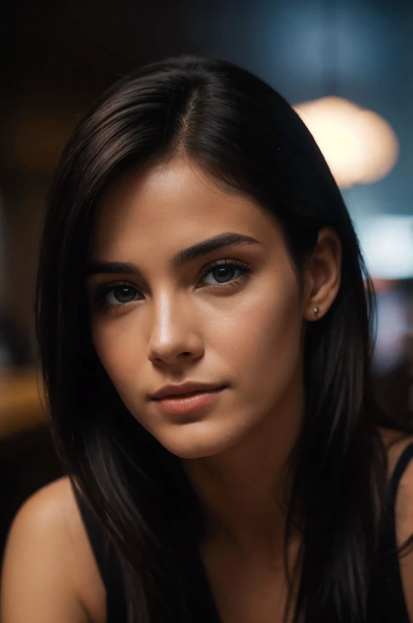 (Close-up, fotografia editorial de uma mulher de 21 anos), (Rosto altamente detalhado:1.4) (sorrir:0.7) (fundo dentro escuro, Moody, estudo privado:1.ov, Directed by: Lee Jeffries, Nikon D850 |, filme fotografia de stock ,4 Kodak Portra 400 ,camera f1.6 lentes ,cores ricas ,hyper realistic ,textura realista, dramatic lighting , cinestill 800, in a restaurant