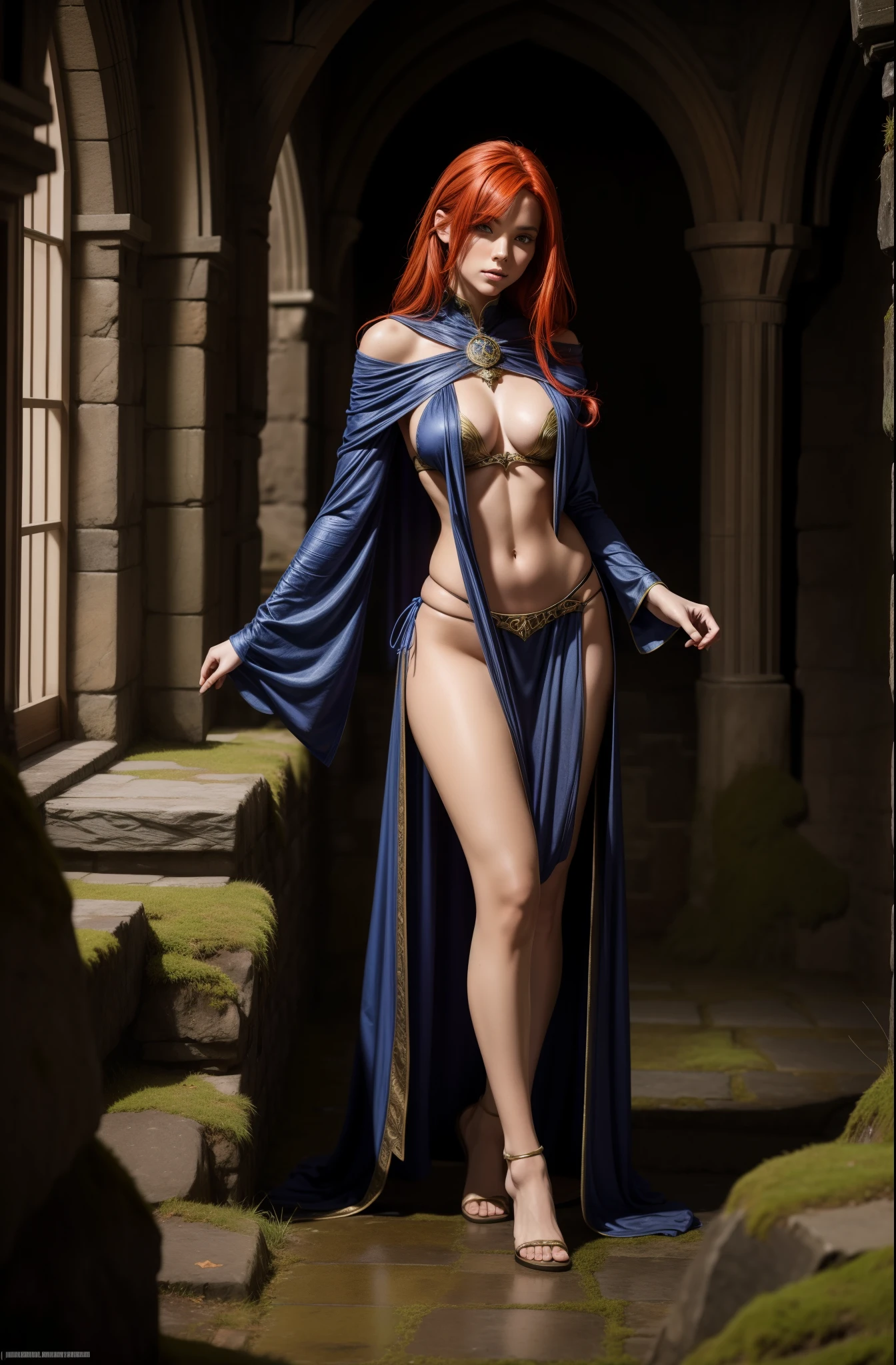 full body shot, 1girl, fantasy sorceress, mage robe, leg slit, redhead , legs, mossy stone walls in background,navel, panties
