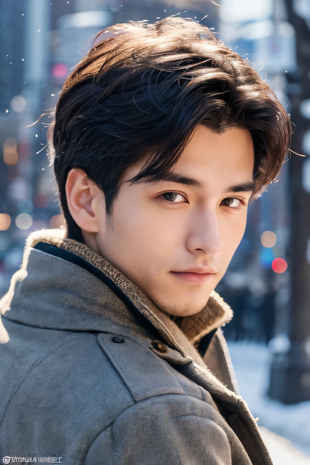 Photorealsitic, 8K full body portrait, a handsome, 20-year-old man, A charming expression, detailed face details, TOKYOcty, Winters, Shibuya in the background