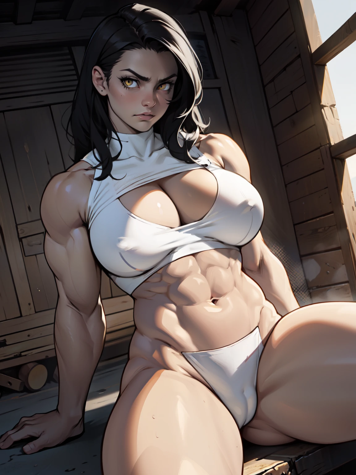 muscular girl thin waist toned body huge breasts thick thighs pale skin girl black hair yellow eyes sad chiaroscuro muscular muscular